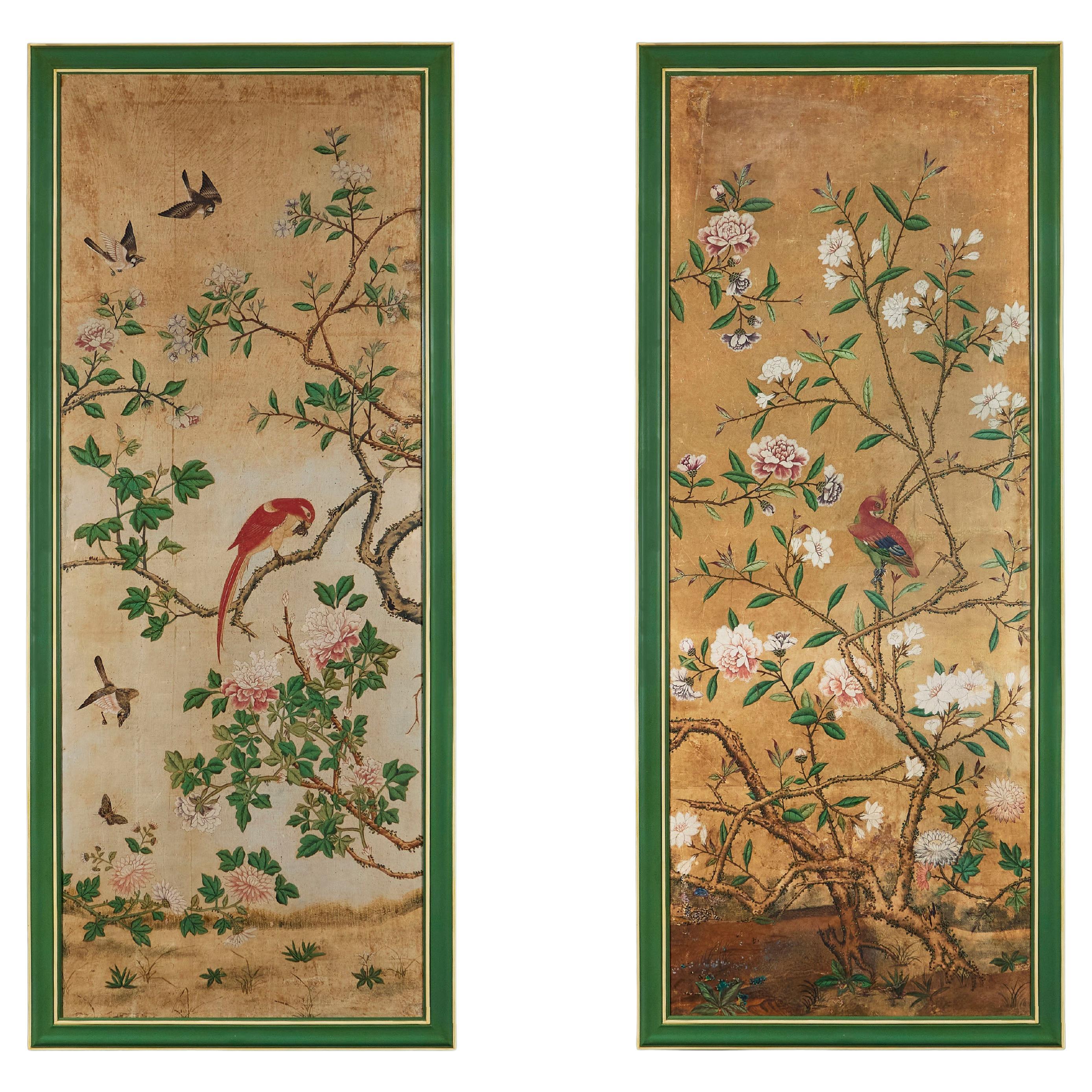 Paire rare de panneaux de papier peint chinois du 18ème siècle 