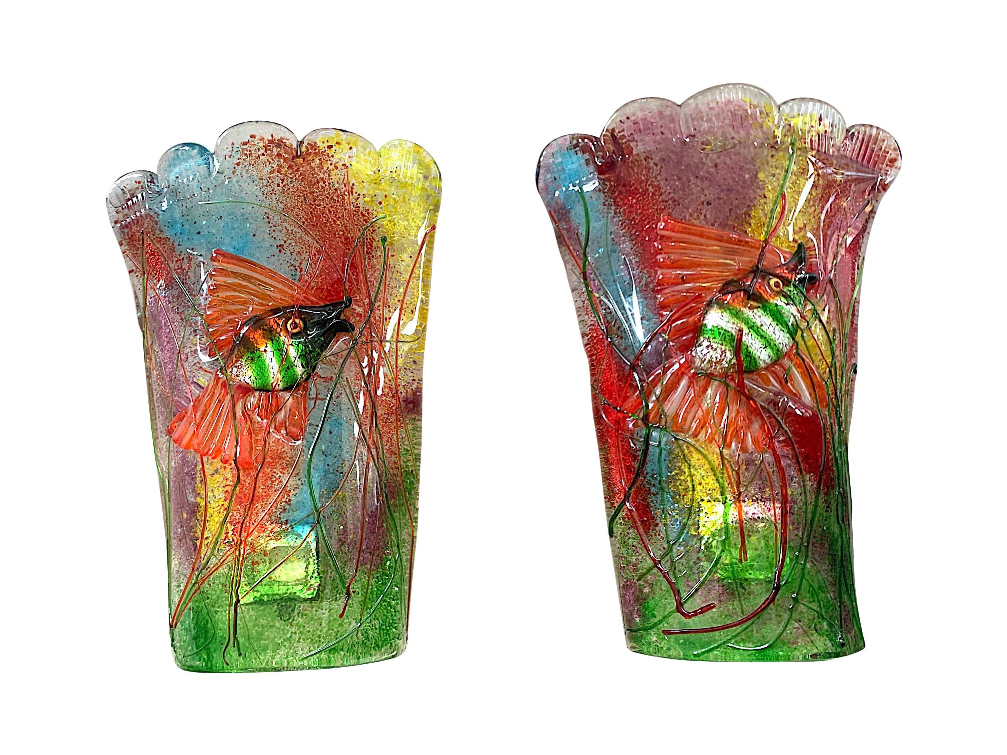Mid-Century Modern Rare Pair of 1950s Murano Glass Aquarium Fish Wall Sconces by Alfredo Barbini