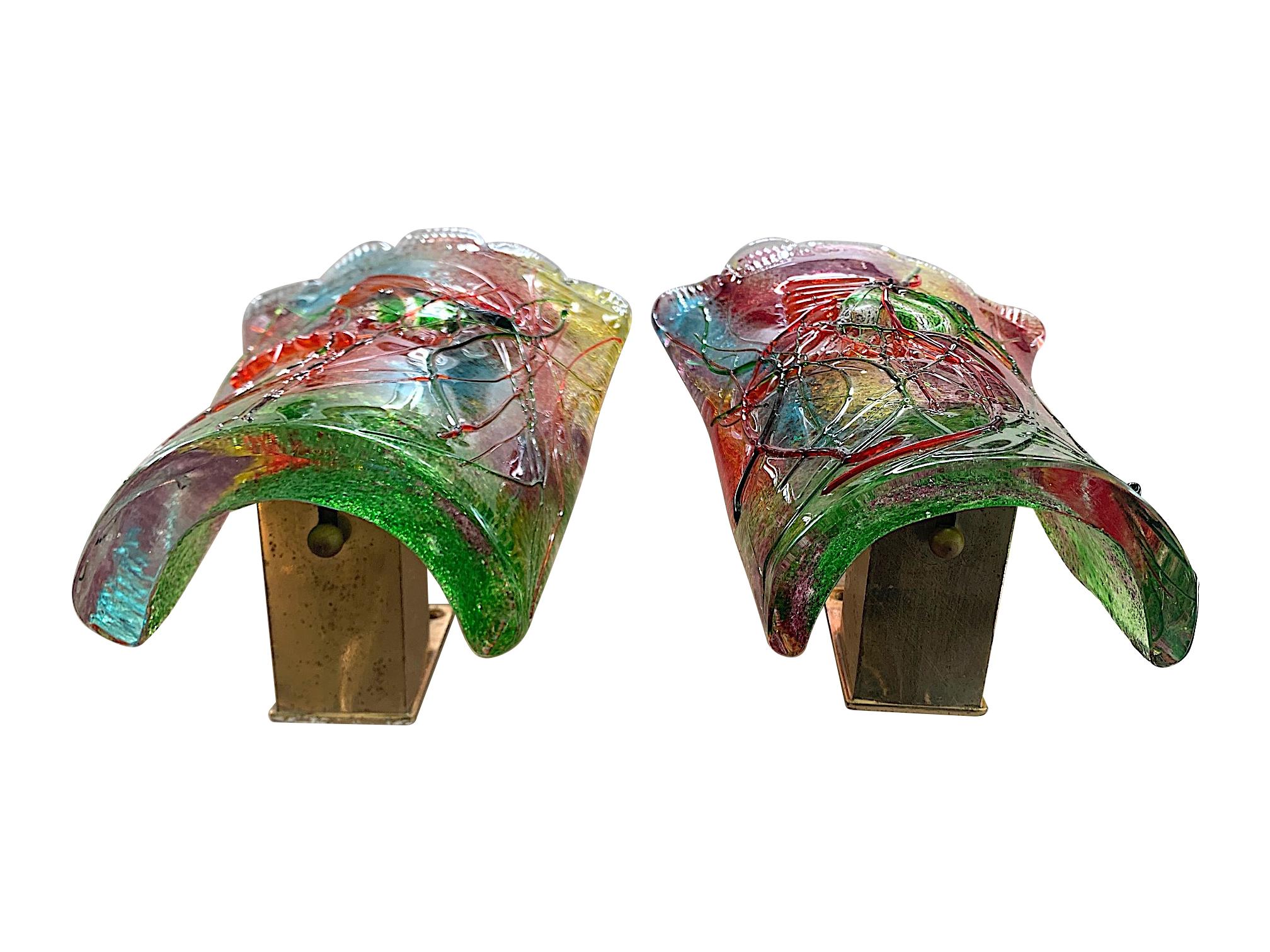Italian Rare Pair of 1950s Murano Glass Aquarium Fish Wall Sconces by Alfredo Barbini