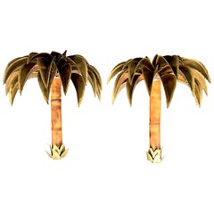 Vintage Rare Pair of 1960s Maison Jansen Palm Tree Wall Sconces with Real Bamboo Stems