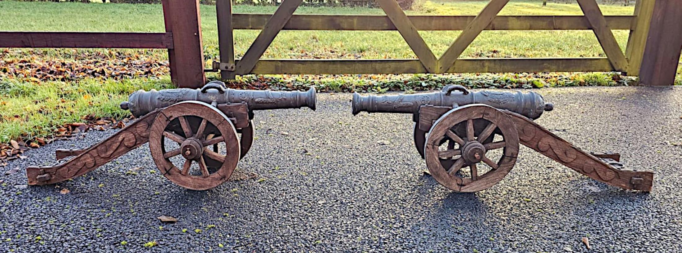 A  Rare Pair of 19th Century Bronze Barrelled Signal Cannons on Timber Base 1
