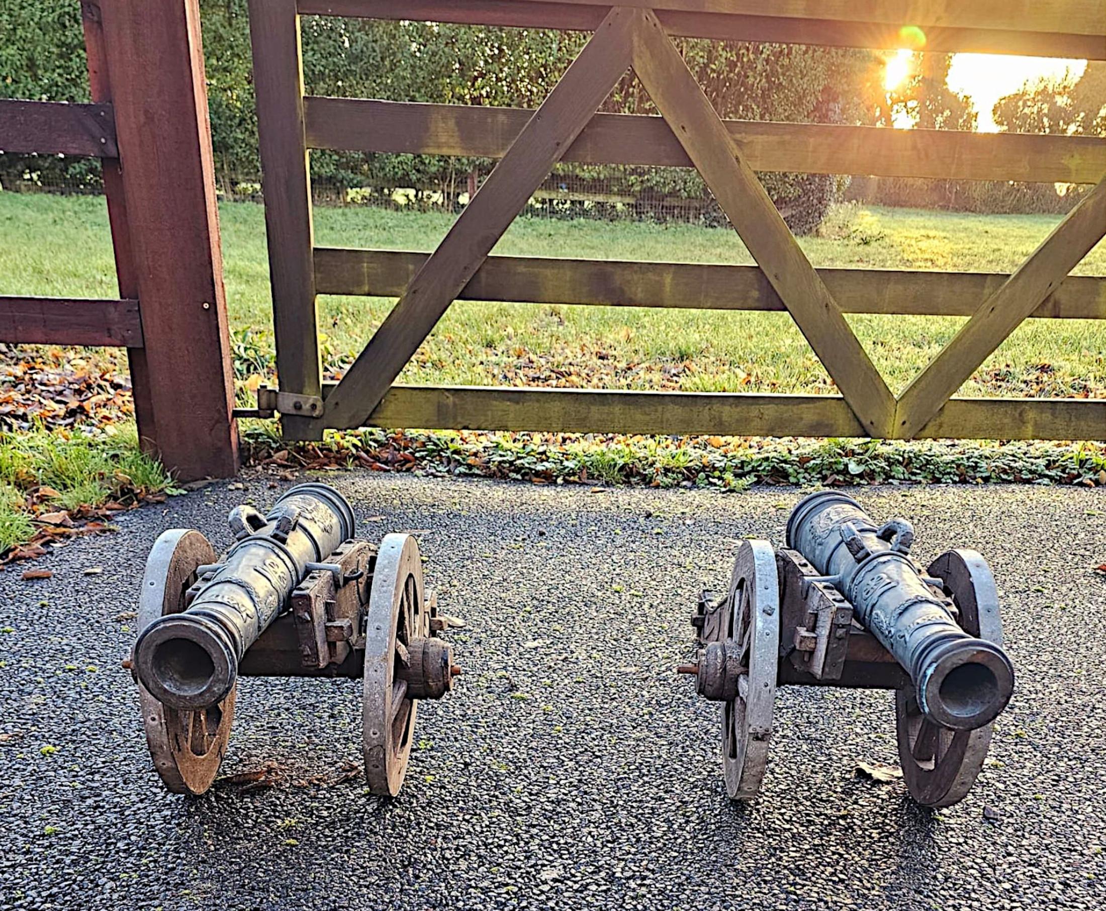 A  Rare Pair of 19th Century Bronze Barrelled Signal Cannons on Timber Base For Sale 2