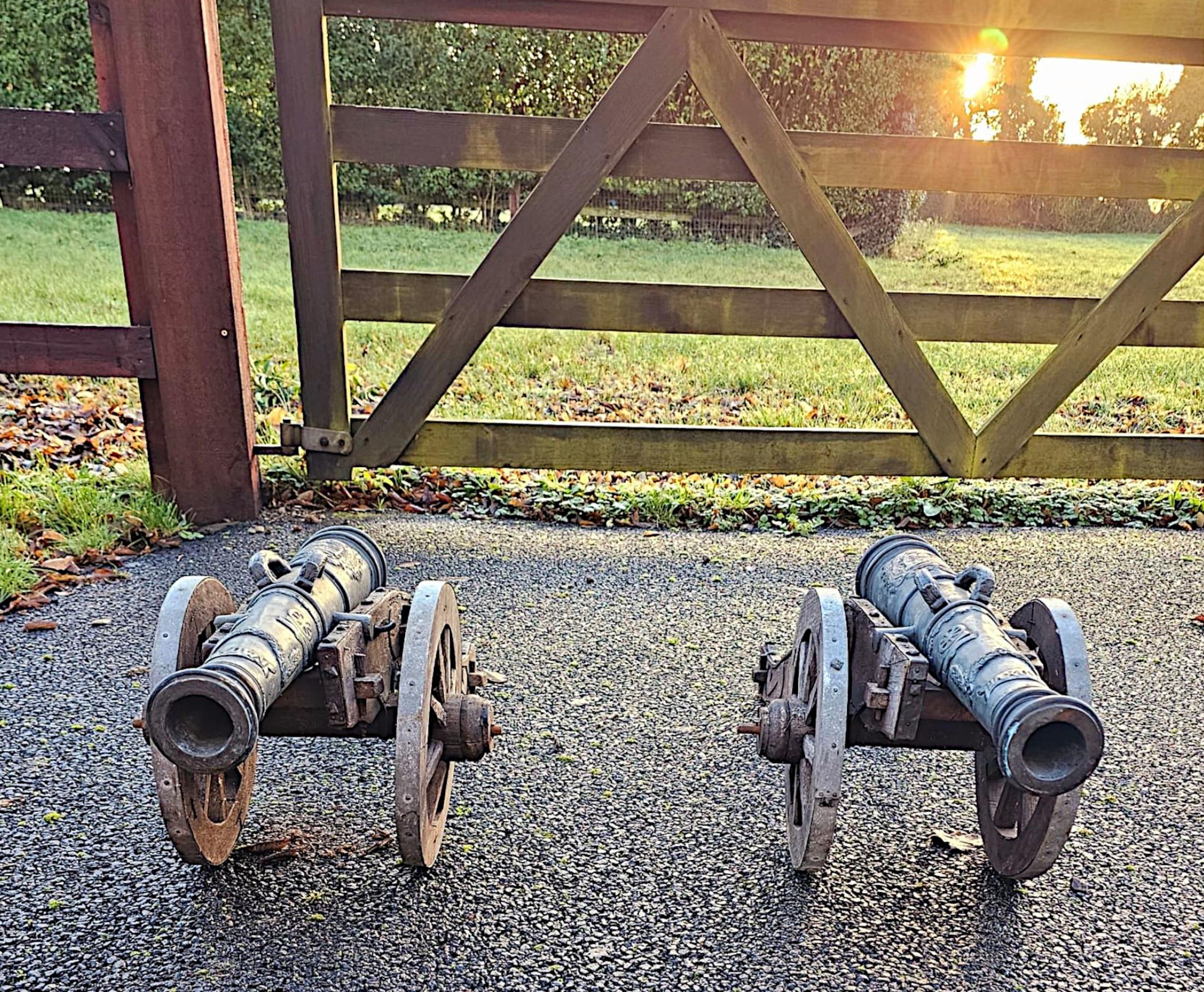 A  Rare Pair of 19th Century Bronze Barrelled Signal Cannons on Timber Base 2