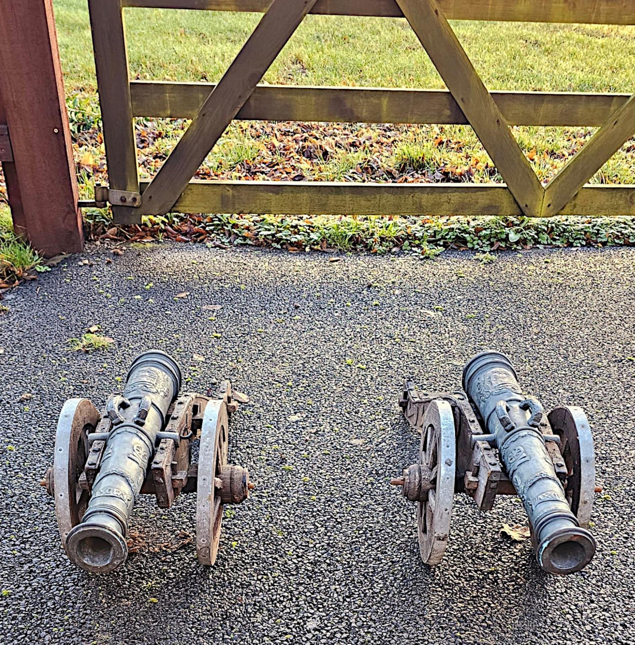 A  Rare Pair of 19th Century Bronze Barrelled Signal Cannons on Timber Base For Sale 3