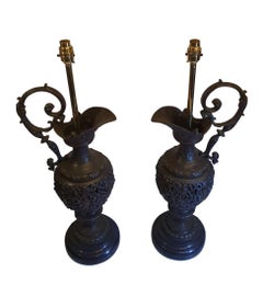 Rare Pair of 19th Century Bronze Ewers Converted to Table Lamps
