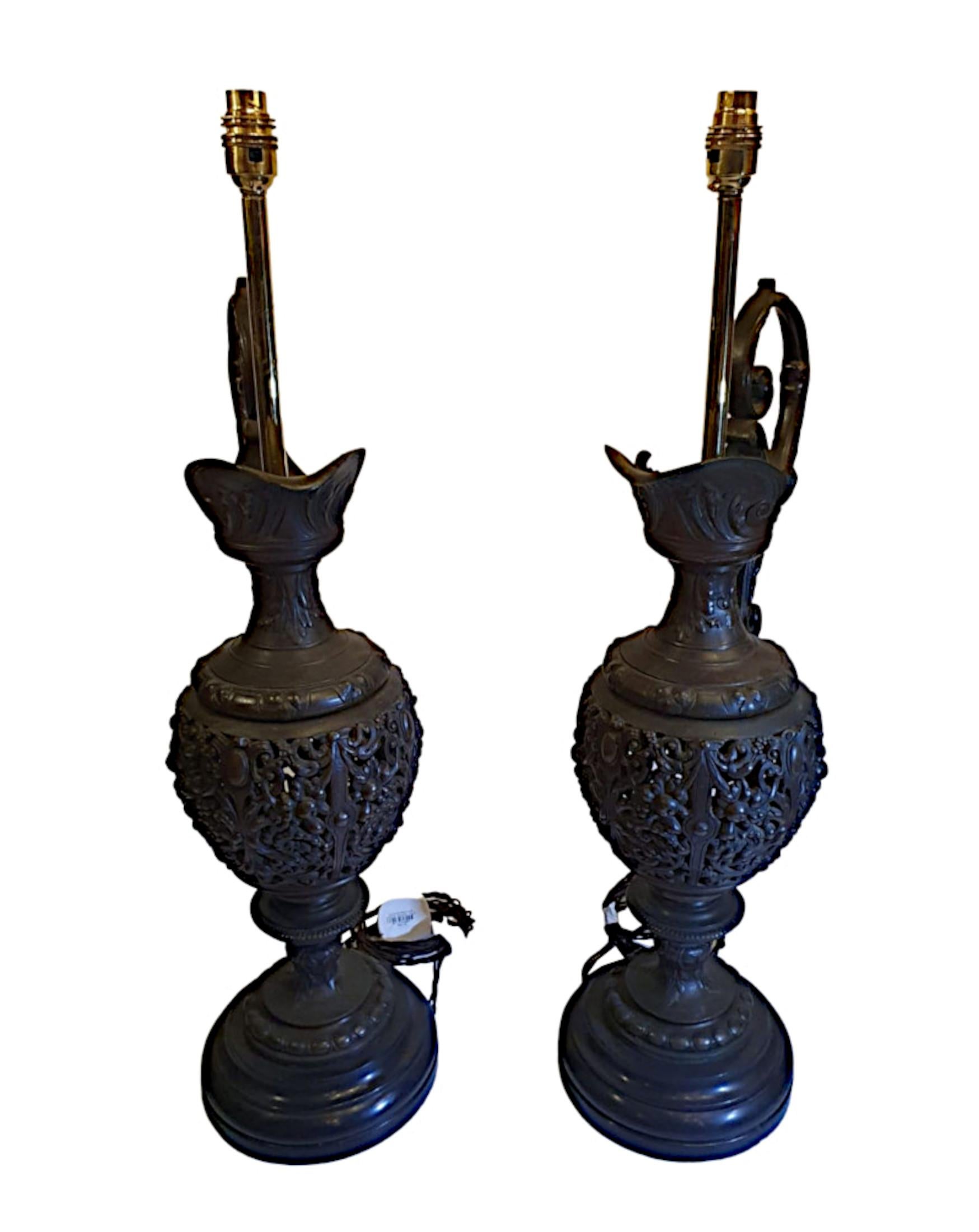 French Rare Pair of 19th Century Bronze Ewers Converted to Table Lamps For Sale