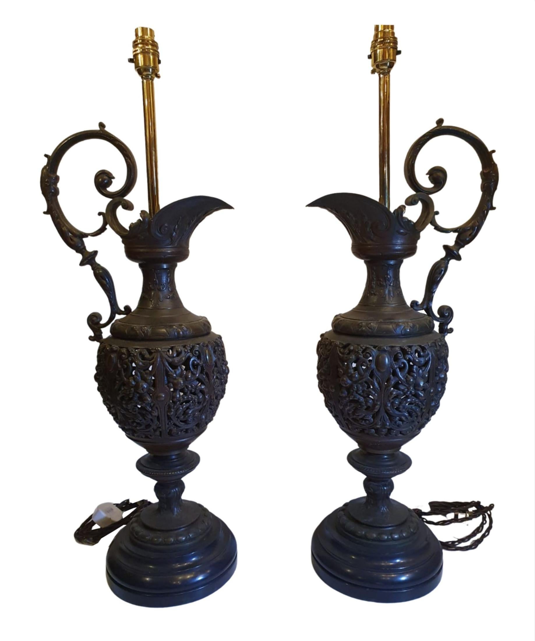 Rare Pair of 19th Century Bronze Ewers Converted to Table Lamps For Sale 1