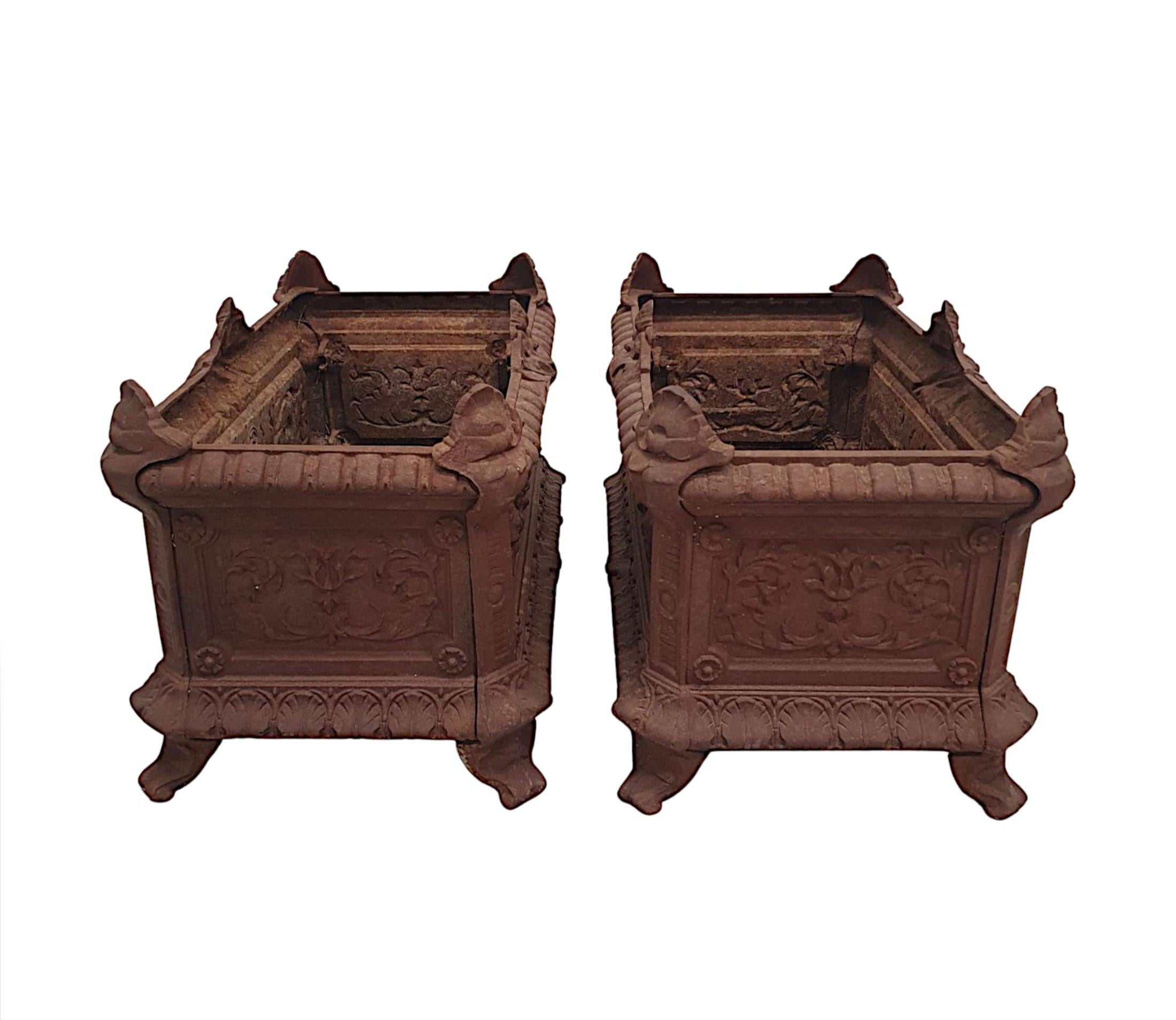 French Rare Pair of 19th Century Cast Iron Garden Planters For Sale