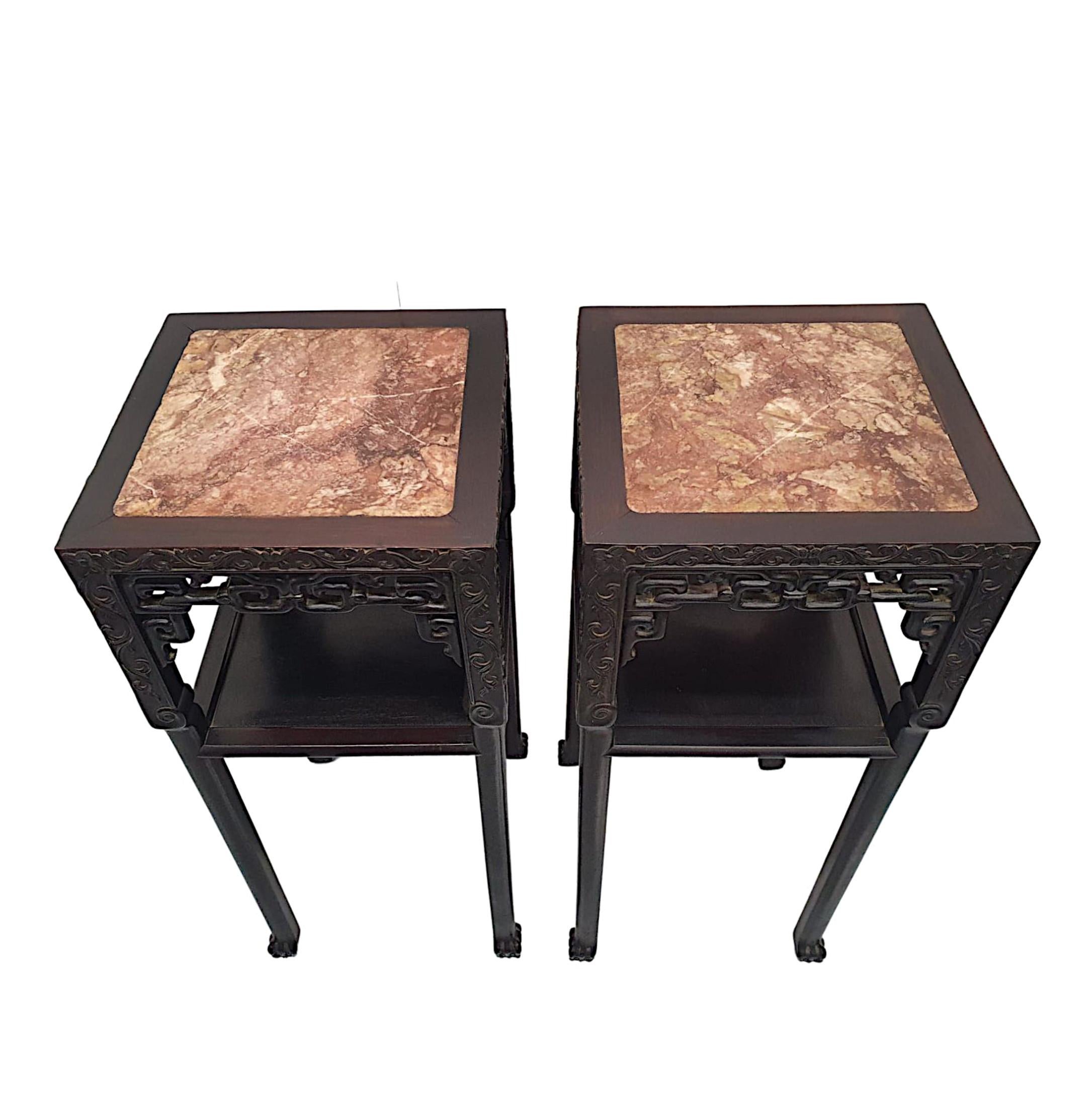 Rare Pair of 19th Century Chinese Marble Topped Plant or Bust Stands For Sale 1