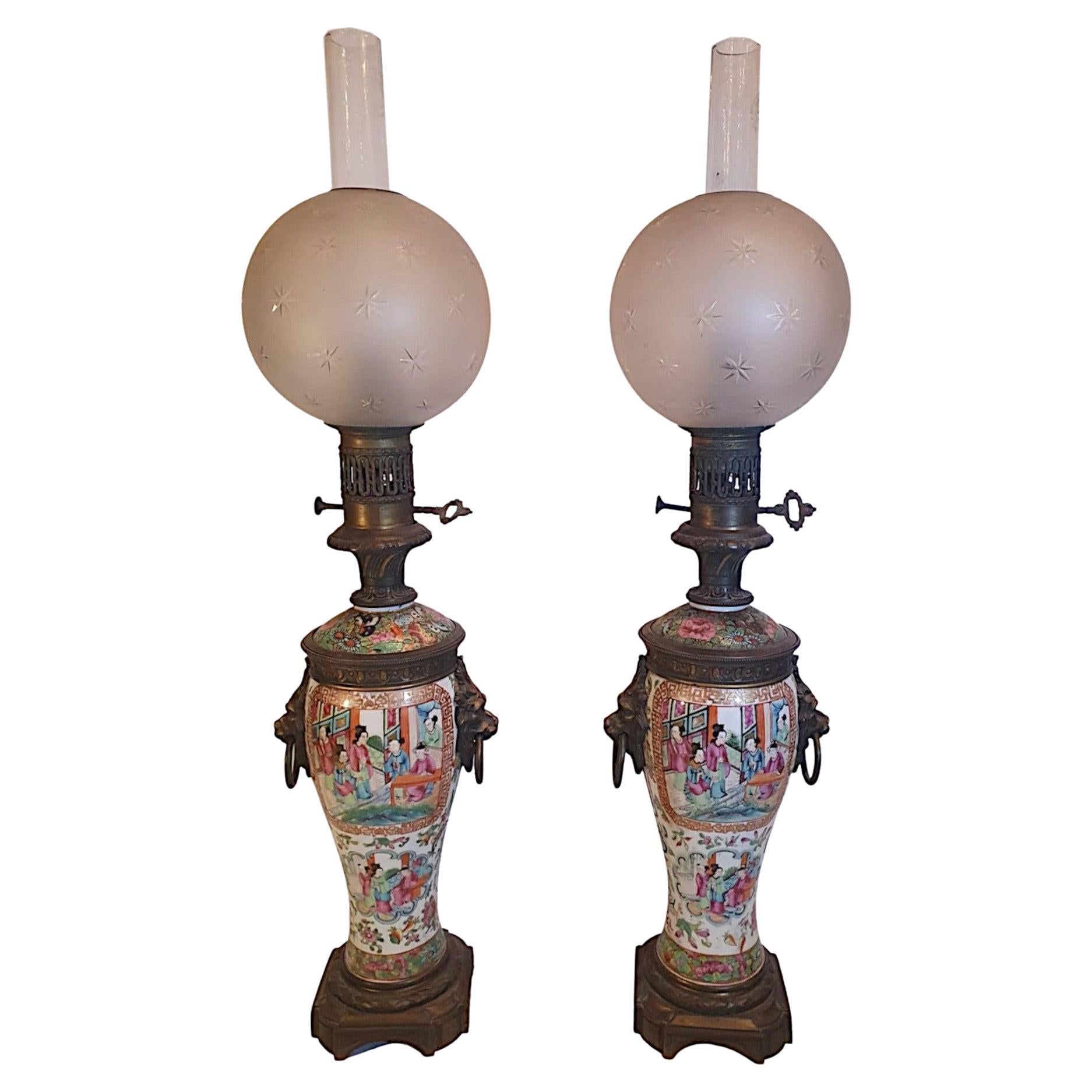 Rare Pair of 19th Century Oriental Oil Lamps