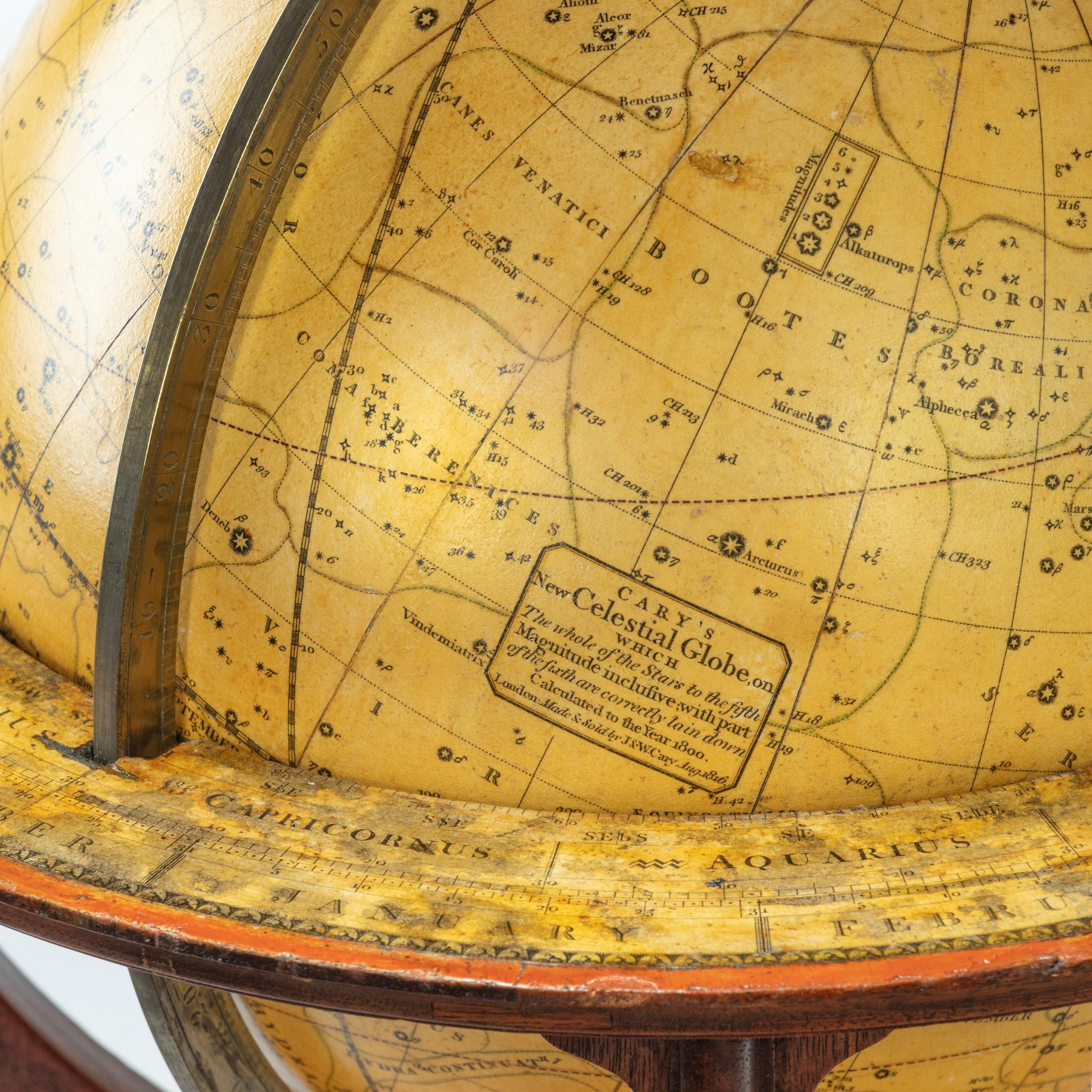 A rare pair of 9 inch table globes by Cary, each dated 1816. These globes are by John and William Cary and show the geographical and political borders drawn up following the Congress of Vienna. Each one is surmounted by a brass hour circle, within a