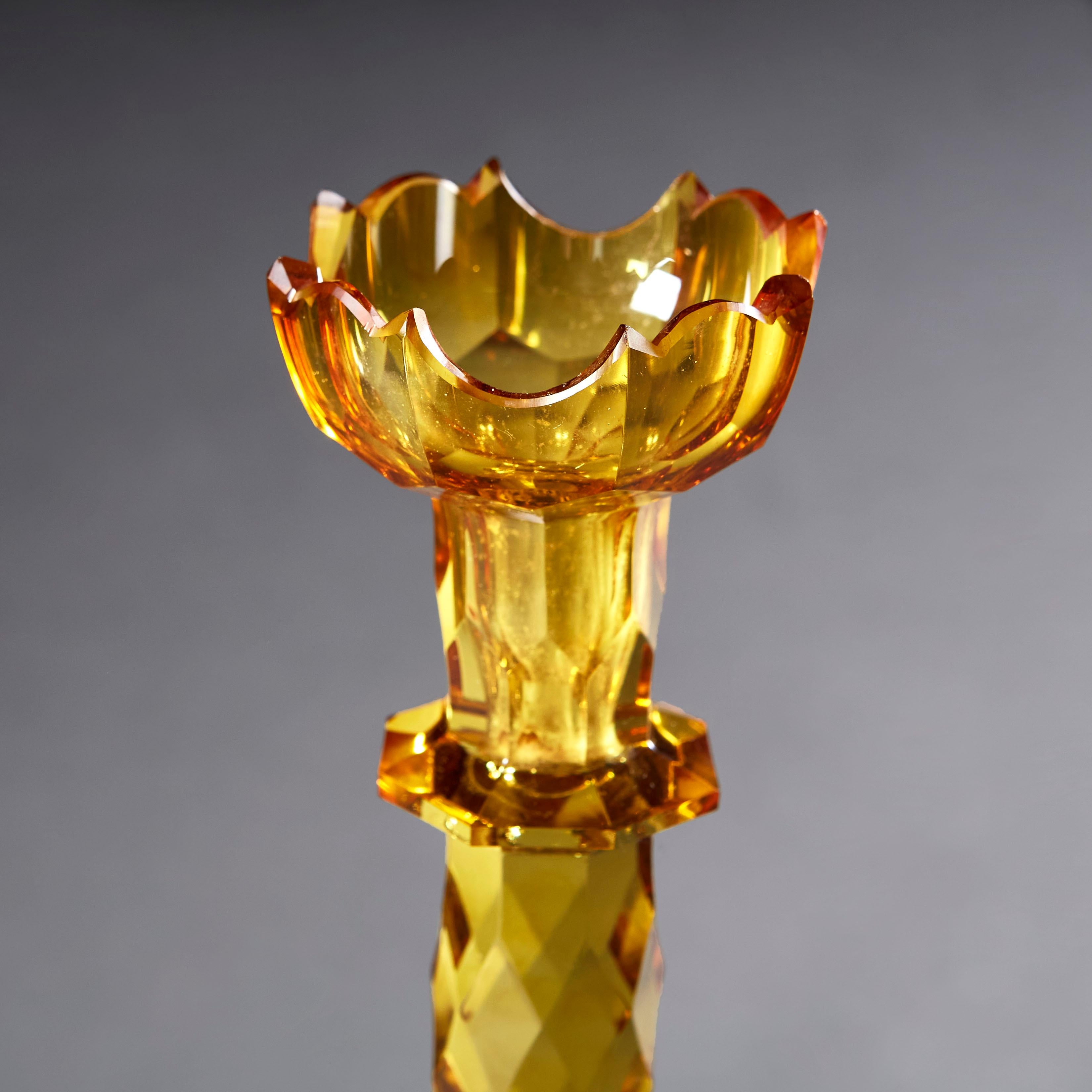 19th Century Rare Pair of Amber Cut Glass Candlesticks