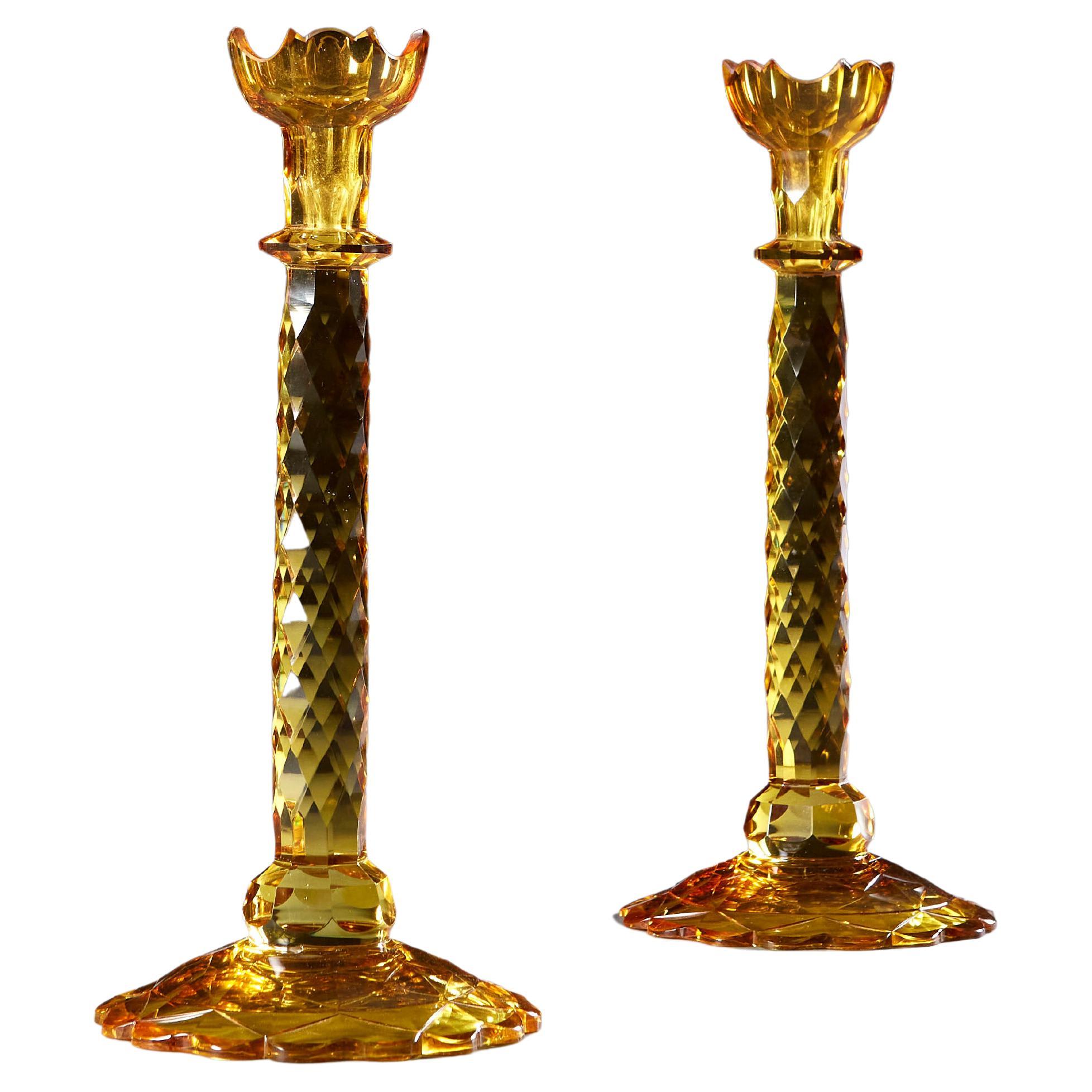 Rare Pair of Amber Cut Glass Candlesticks