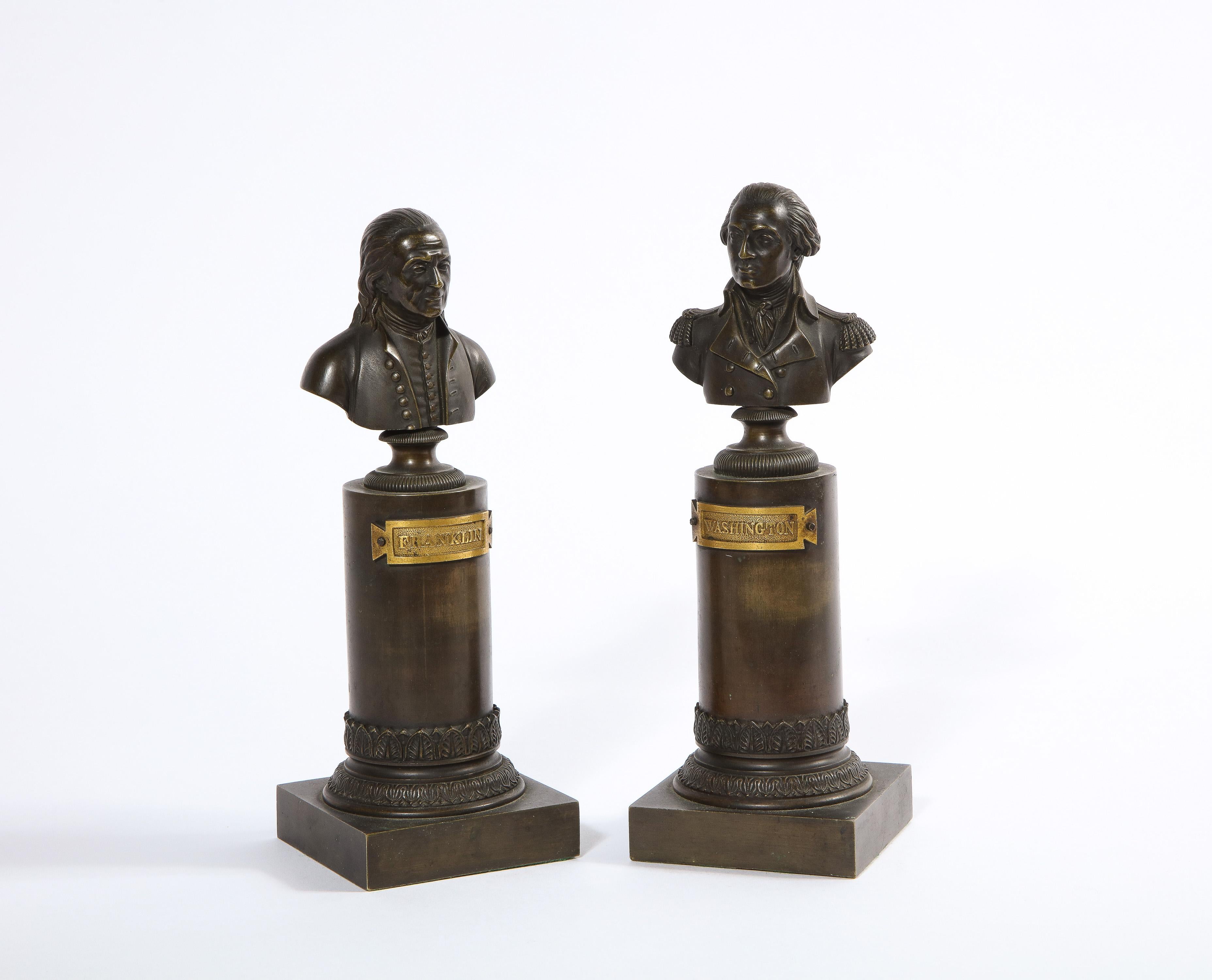 American Classical Rare Pair of American Bronze Busts of George Washington and Benjamin Franklin