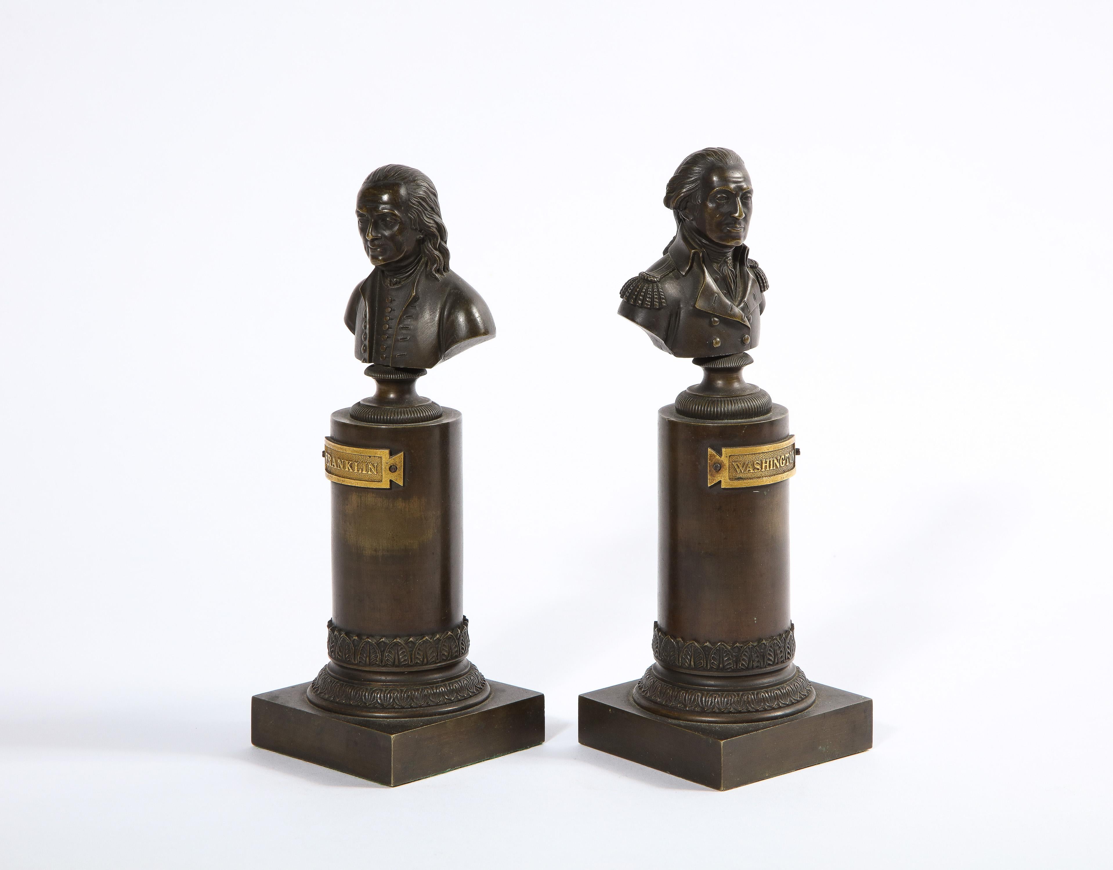19th Century Rare Pair of American Bronze Busts of George Washington and Benjamin Franklin