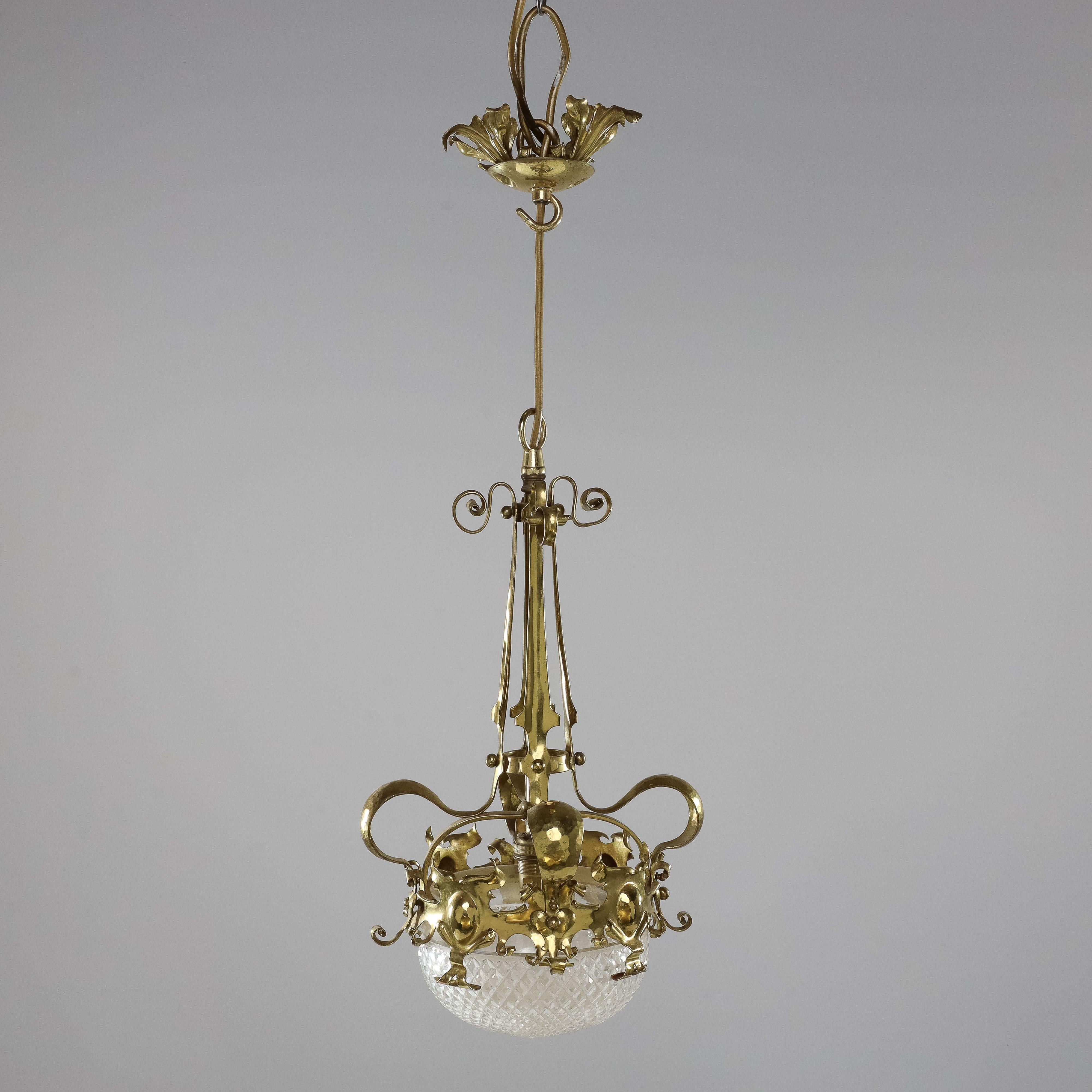 English A rare pair of Arts and Crafts hand-hammered ceiling lamps For Sale