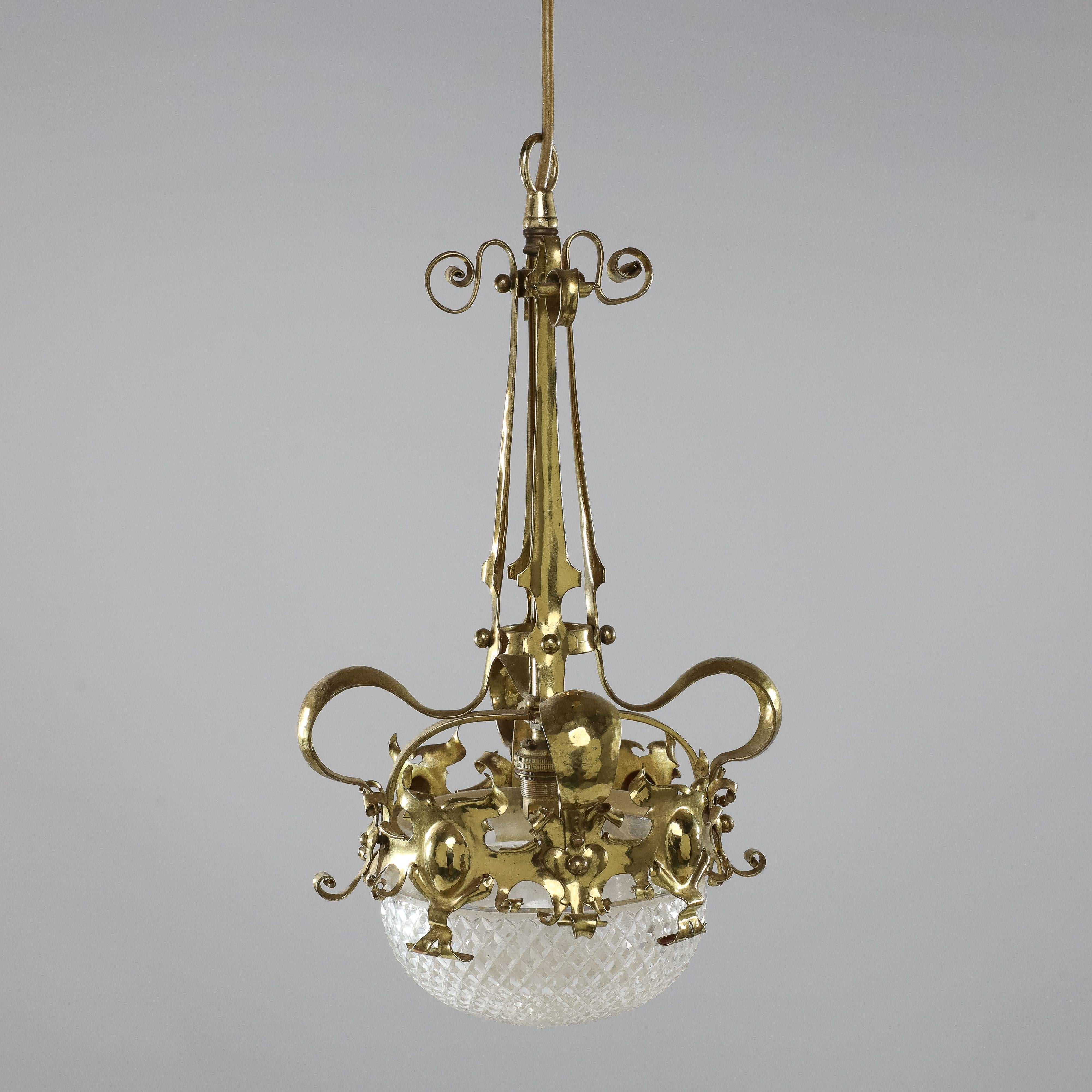 A rare pair of Arts and Crafts hand-hammered ceiling lamps For Sale 1