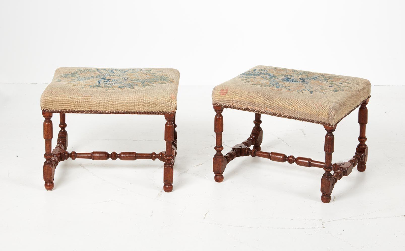 Italian A Rare Pair of Baroque Walnut Needlework Benches For Sale