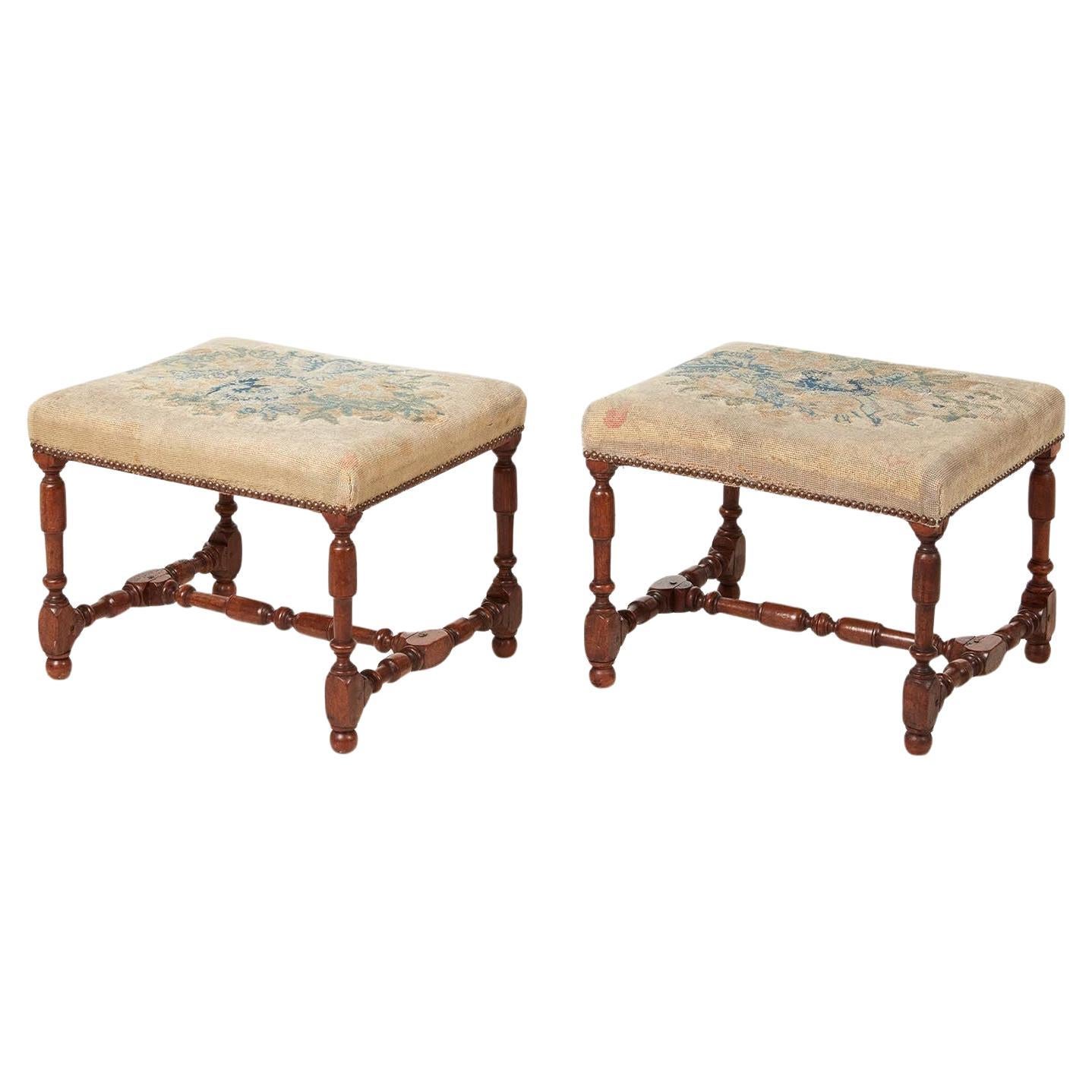 A Rare Pair of Baroque Walnut Needlework Benches For Sale