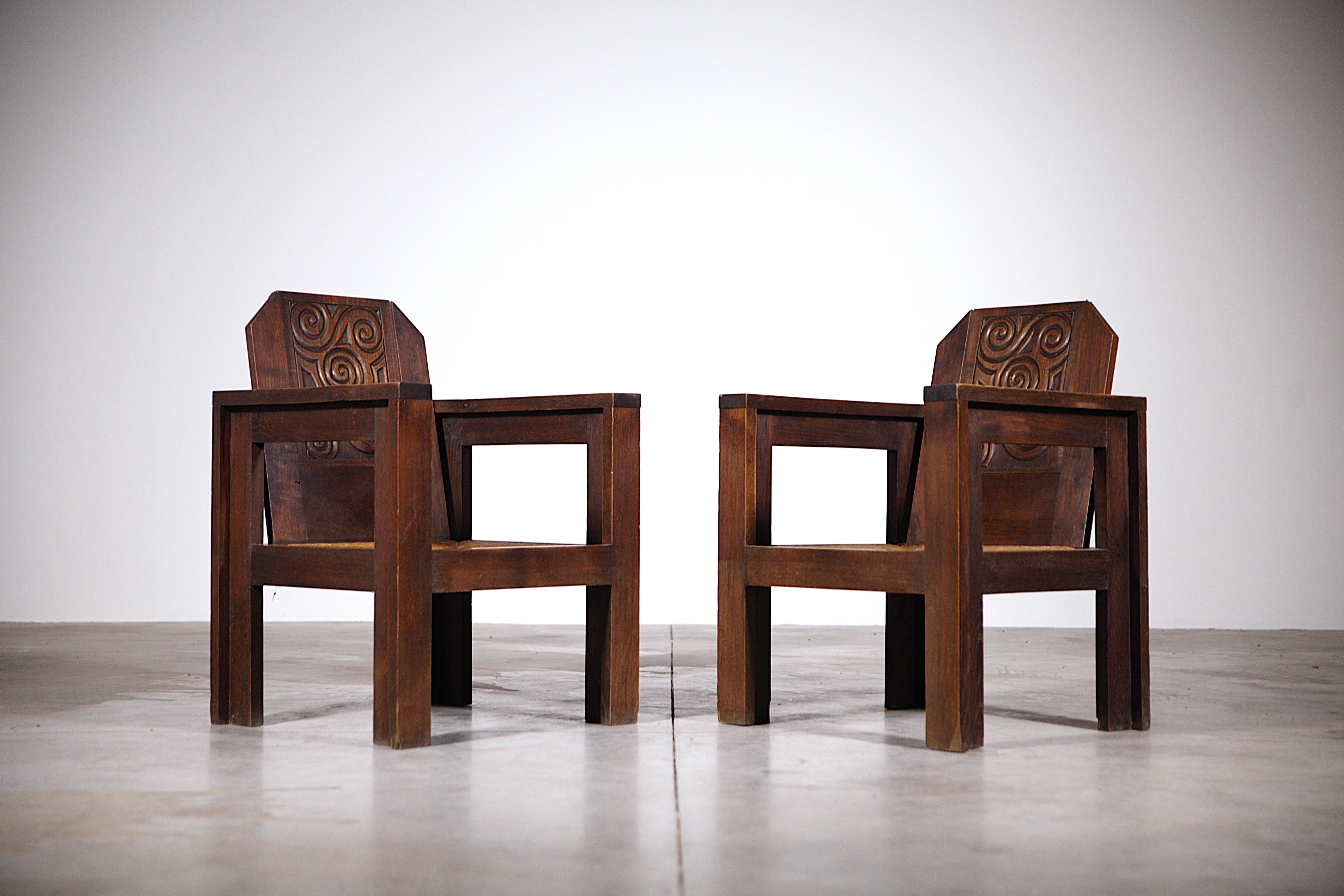 A Rare Pair of Celtic Armchairs by Joseph Savina France 1930s 12