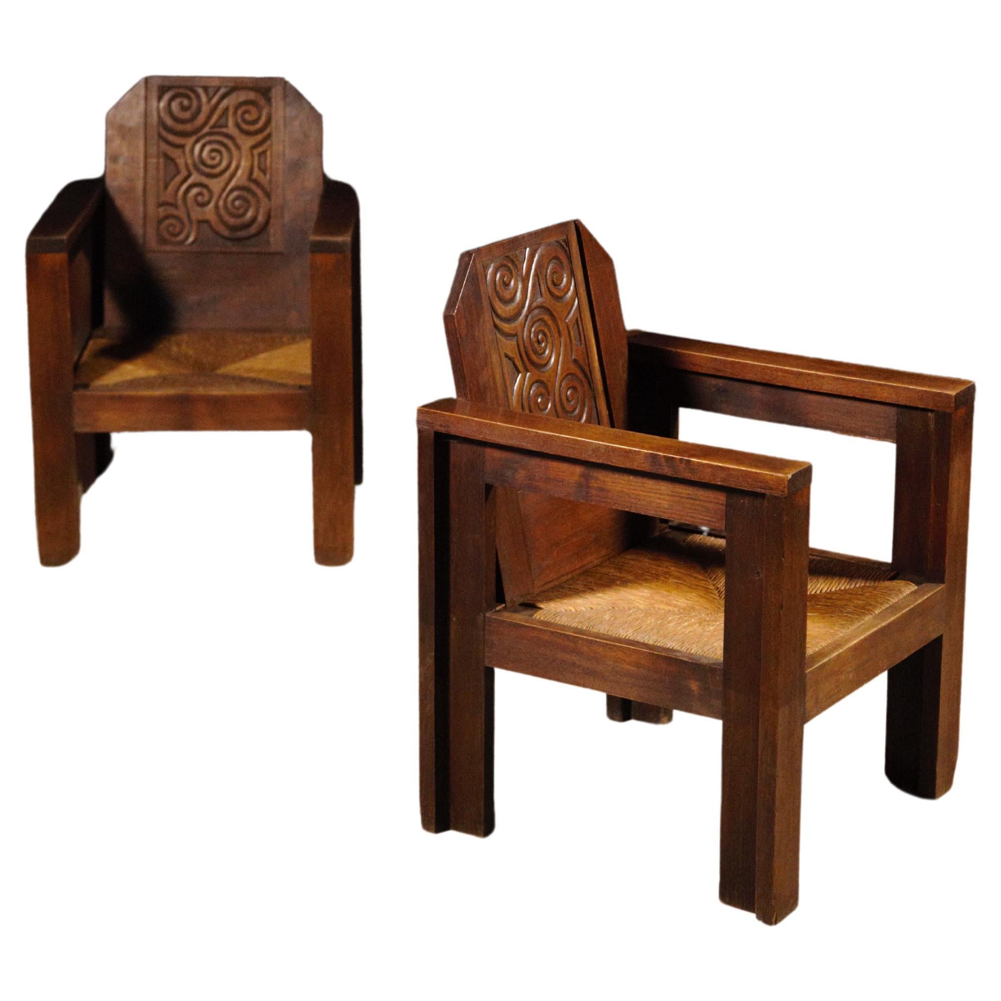 Ein seltenes Paar Celtic-Sessel von Joseph Savina, Frankreich 1930er Jahre