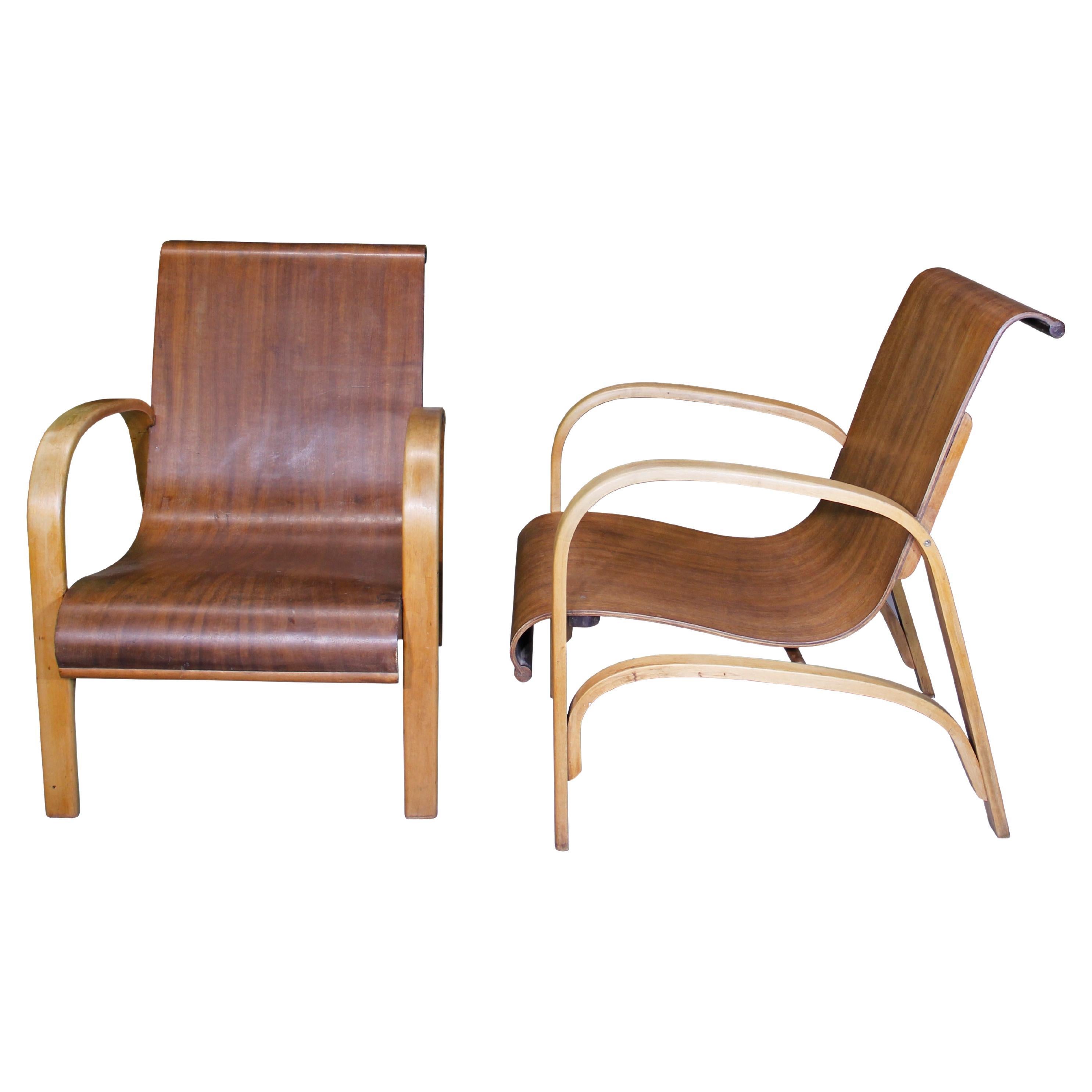 Rare Pair of Curved Ply Armchairs by "Moveis Cimo" Brazilian Imbuia
