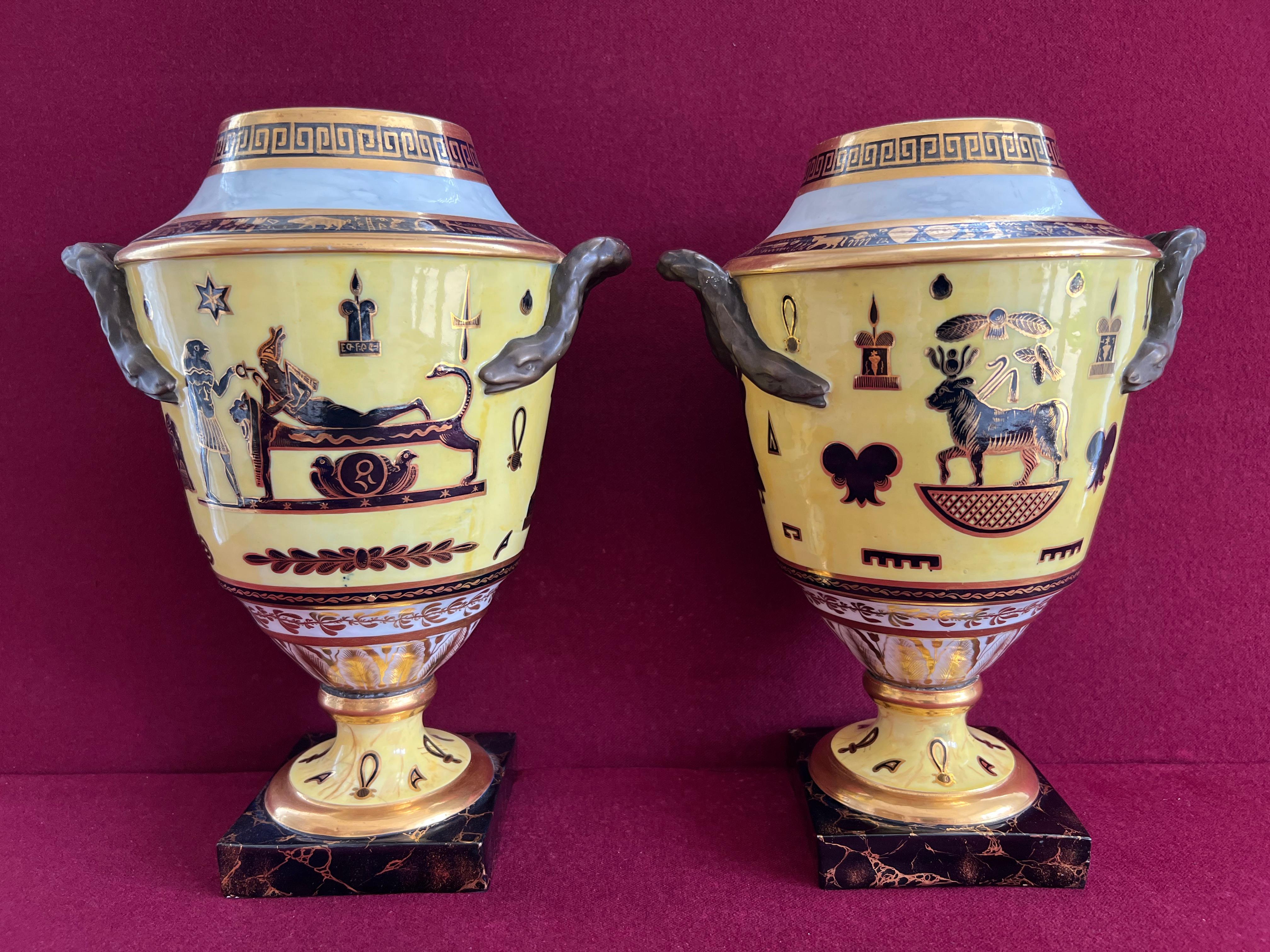 Egyptian Revival A rare pair of Derby yellow ground Egyptian revival vases c.1805-1810 For Sale