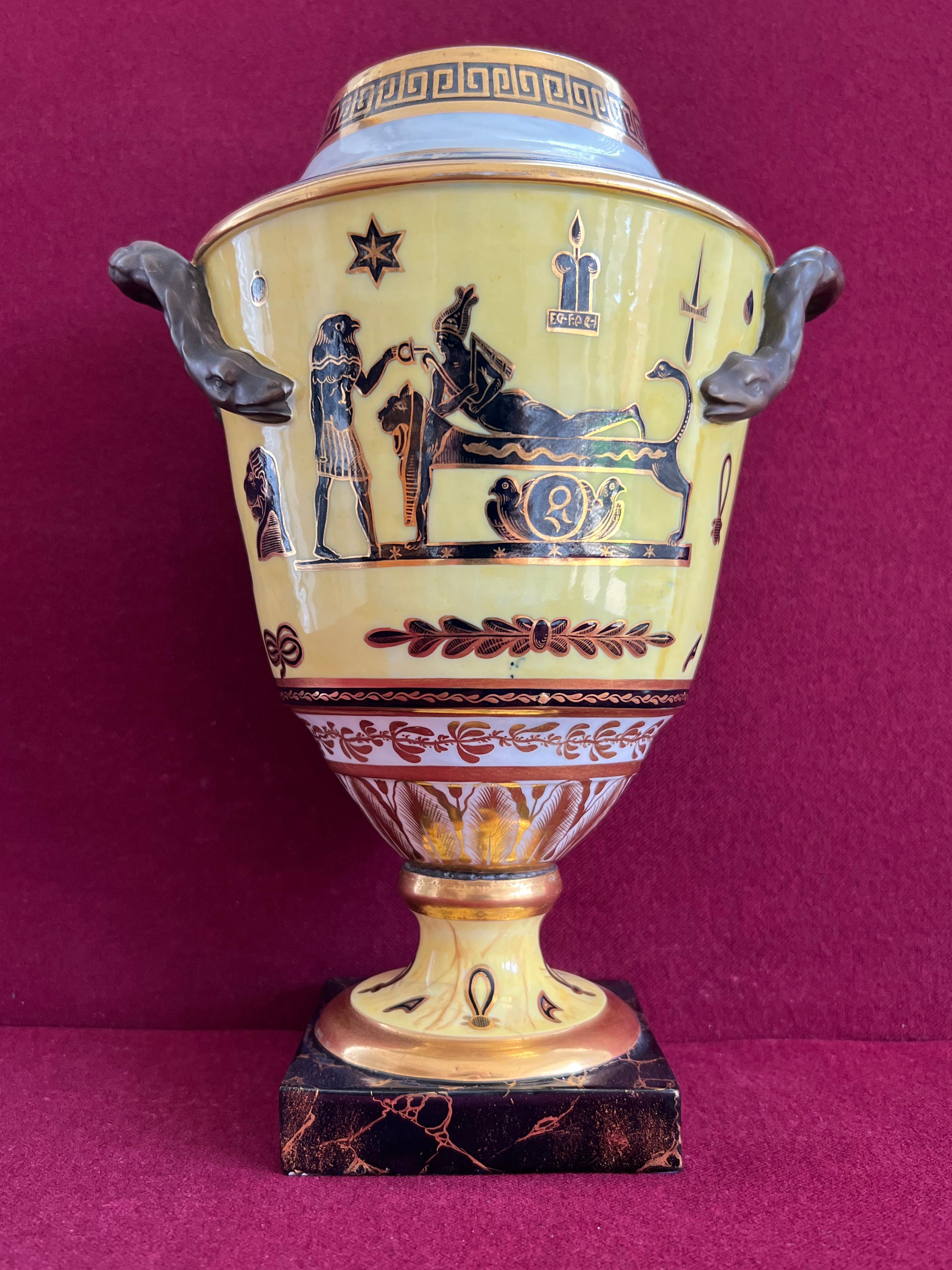 British A rare pair of Derby yellow ground Egyptian revival vases c.1805-1810 For Sale