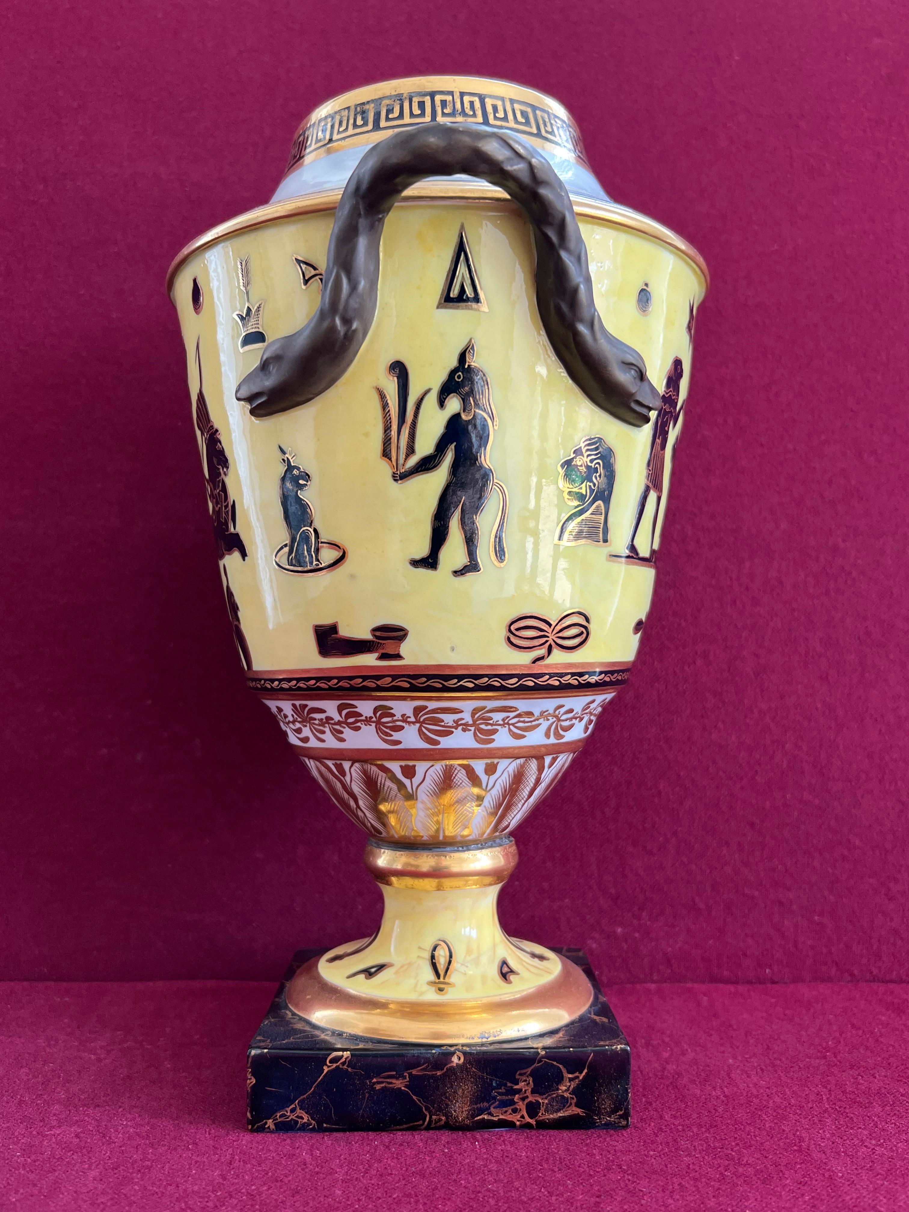 19th Century A rare pair of Derby yellow ground Egyptian revival vases c.1805-1810 For Sale