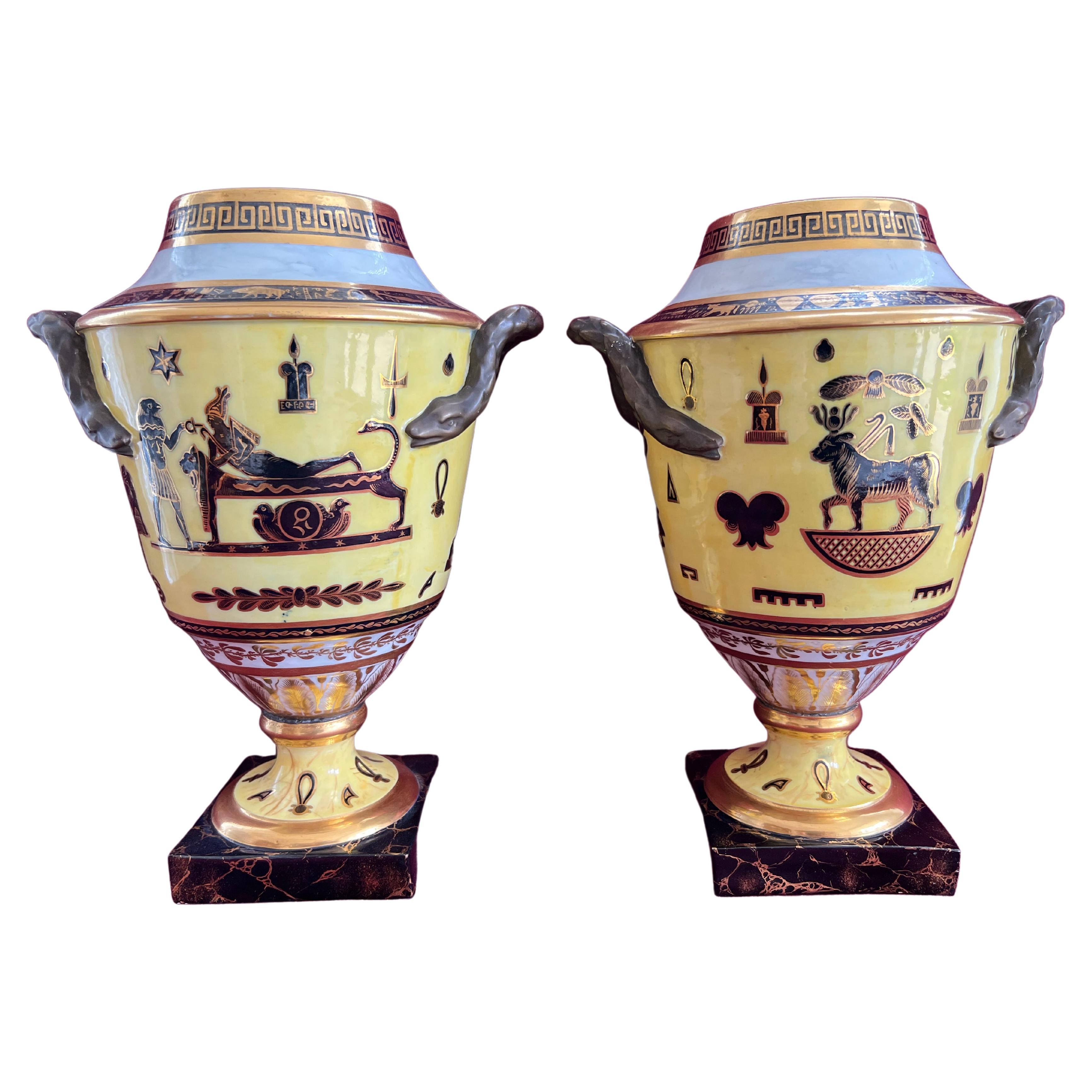 A rare pair of Derby yellow ground Egyptian revival vases c.1805-1810 For Sale