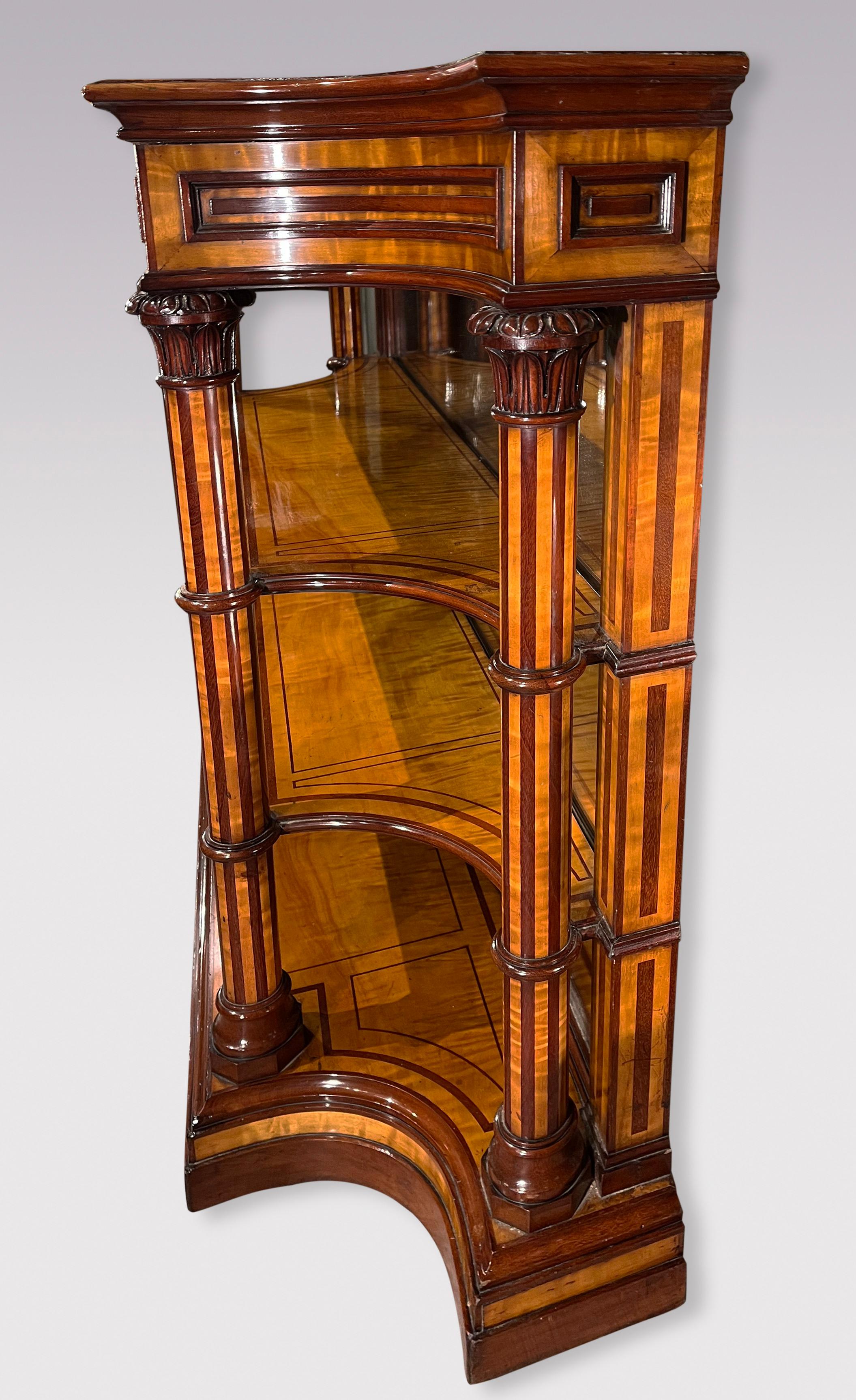 19th Century A rare pair of early 19th century satinwood and purpleheart open bookcases
