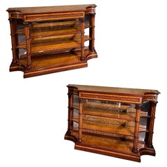 Antique A rare pair of early 19th century satinwood and purpleheart open bookcases