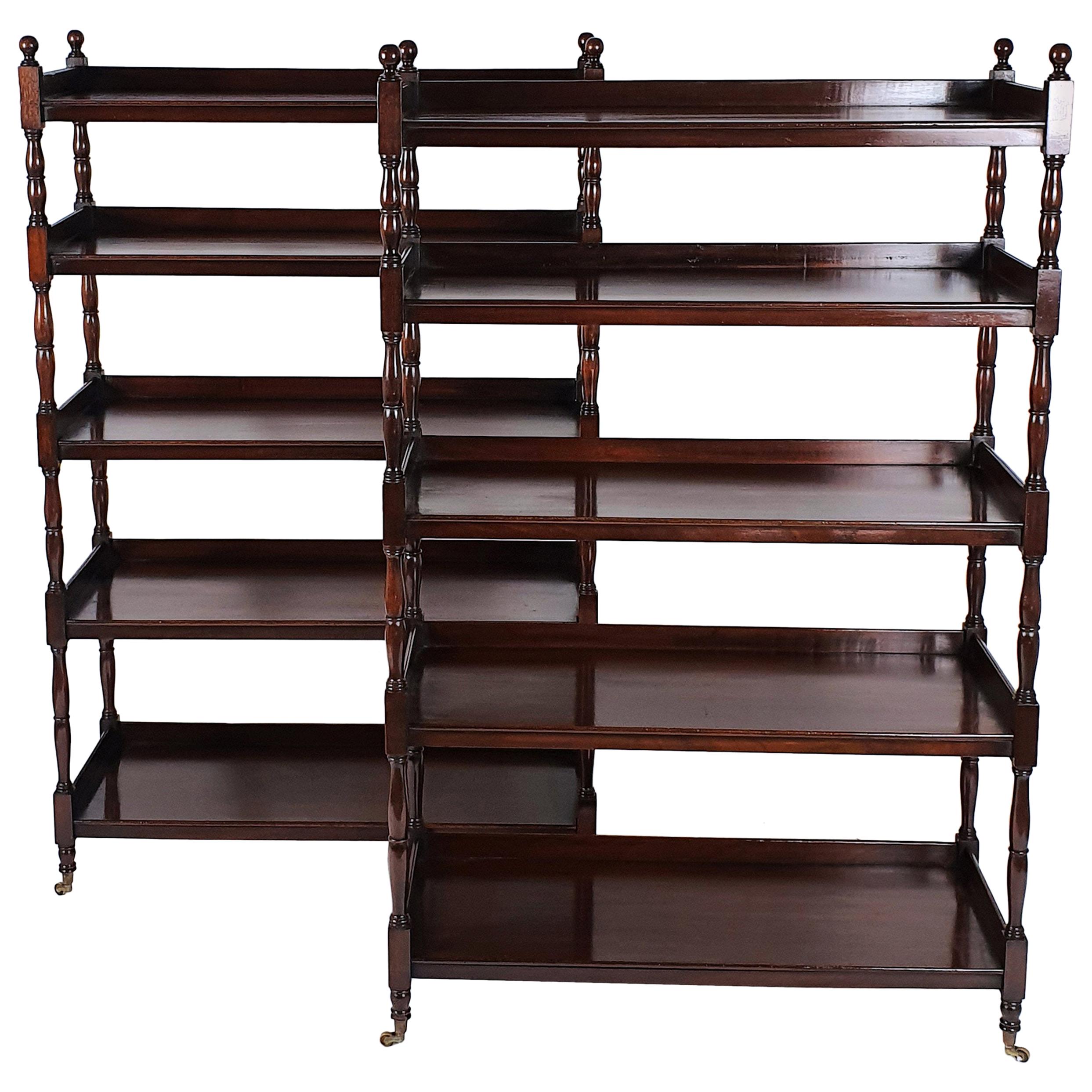 Rare Pair of Edwardian Mahogany 5 Tiered Open Bookcases For Sale