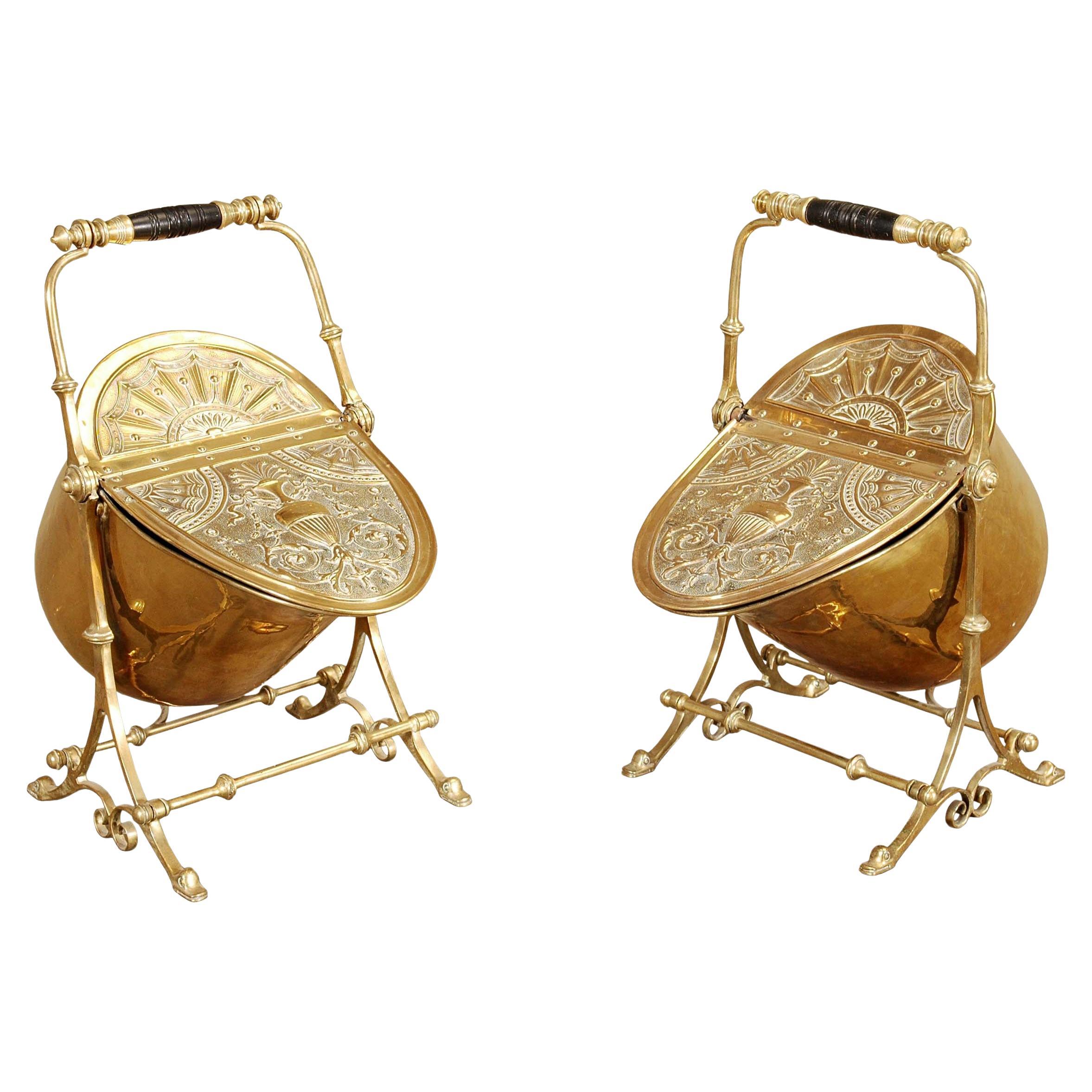 A Rare Pair of Embossed Brass Coal Scuttles For Sale