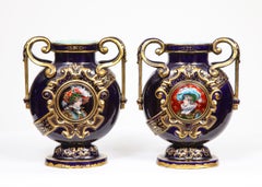 Rare Pair of Emile Galle Cobalt Blue Porcelain and Limoges Enamel Portrait Vases