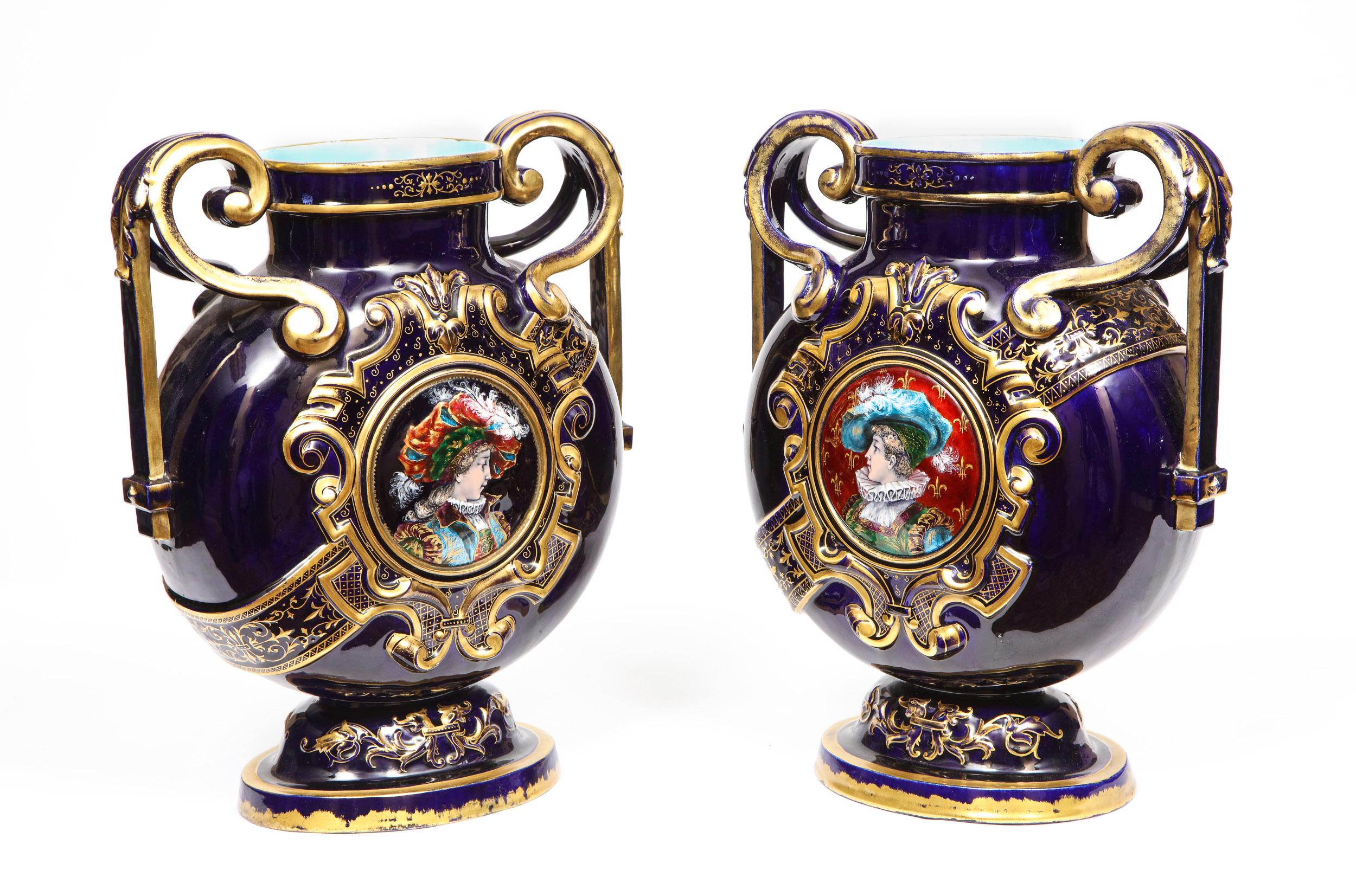 Rare Pair of Emile Galle Cobalt Blue Porcelain and Limoges Enamel Portrait Vases 1