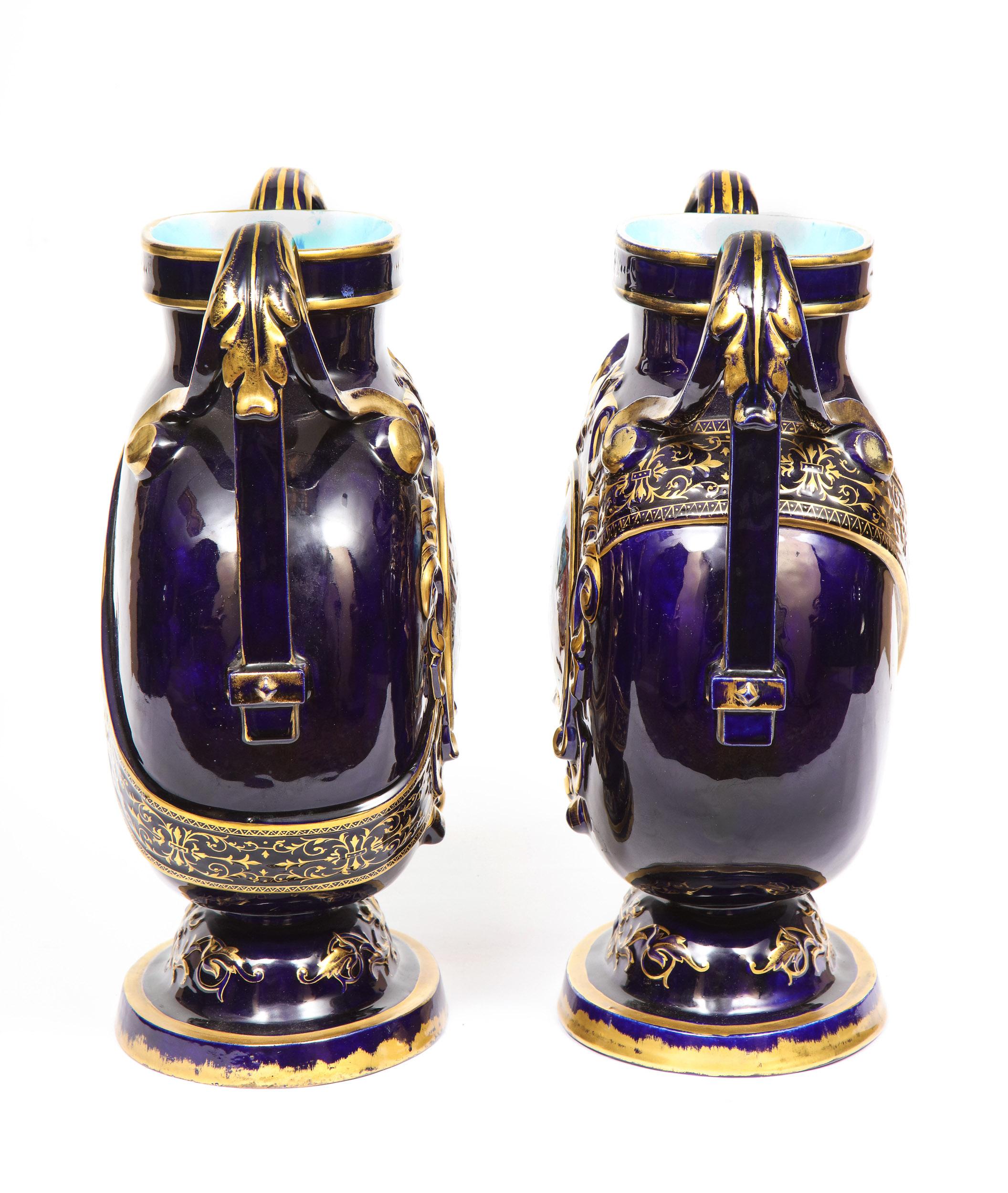 Rare Pair of Emile Galle Cobalt Blue Porcelain and Limoges Enamel Portrait Vases 2