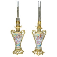 Rare Pair of  Famille Rose Porcelain and Ormolu Napoleon III Oil Lamps