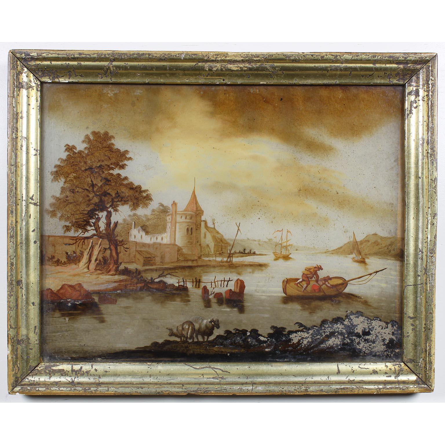 Rare paire de peintures flamandes du XVIIIe siècle en verre renversé, chacune représentant des scènes de bord de rivière avec des personnages, des pêcheurs, des châteaux, des cottages, des grands voiliers, des moutons et des arbres à l'arrière-plan.