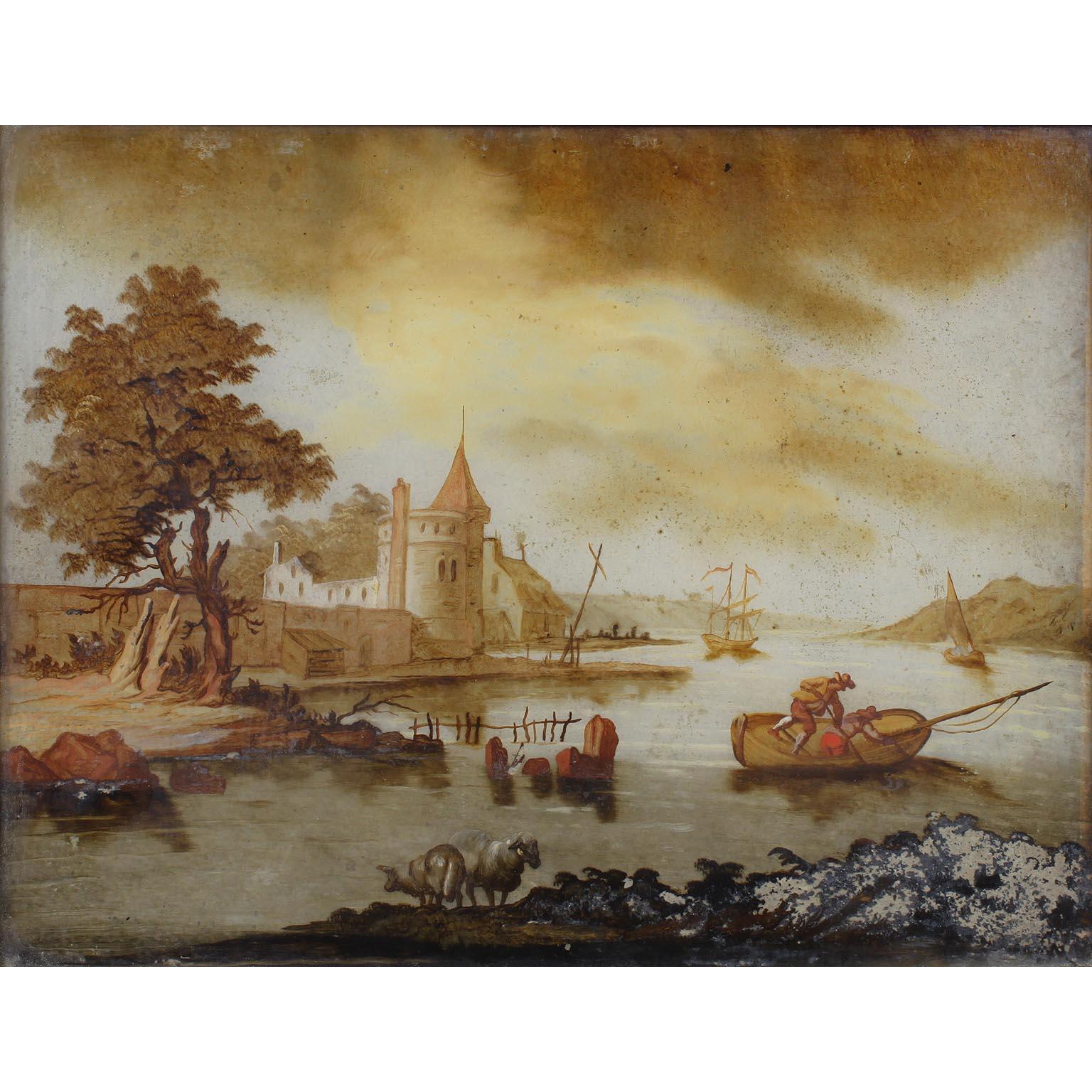 Baroque Rare paire de peintures sur verre inversé 
