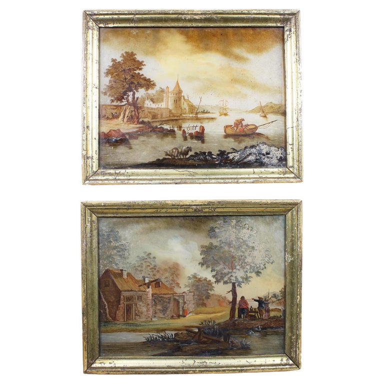 Rare Pair of Flemish 18th Century "Verre Églomisé" Reverse Glass Paintings For Sale