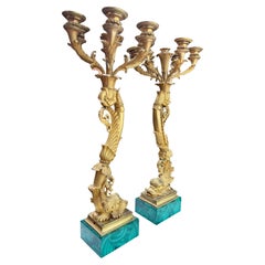 A Rare Pair of French 19 Century Gilt Bronze Dolphin Candelabra