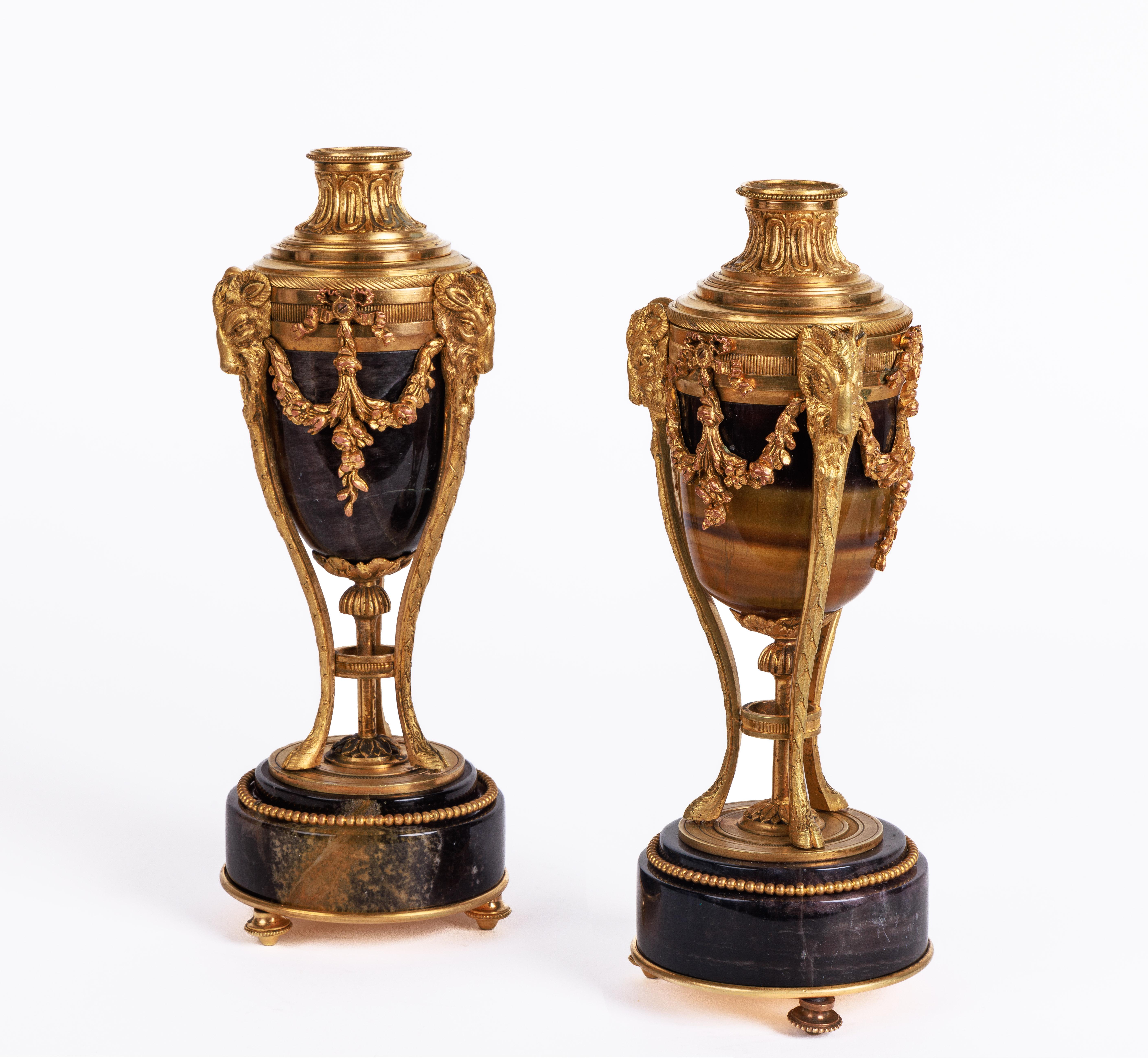 Napoleon III A Rare Pair of French Ormolu-Mounted Blue John Vases Candlesticks, C. 1870 For Sale