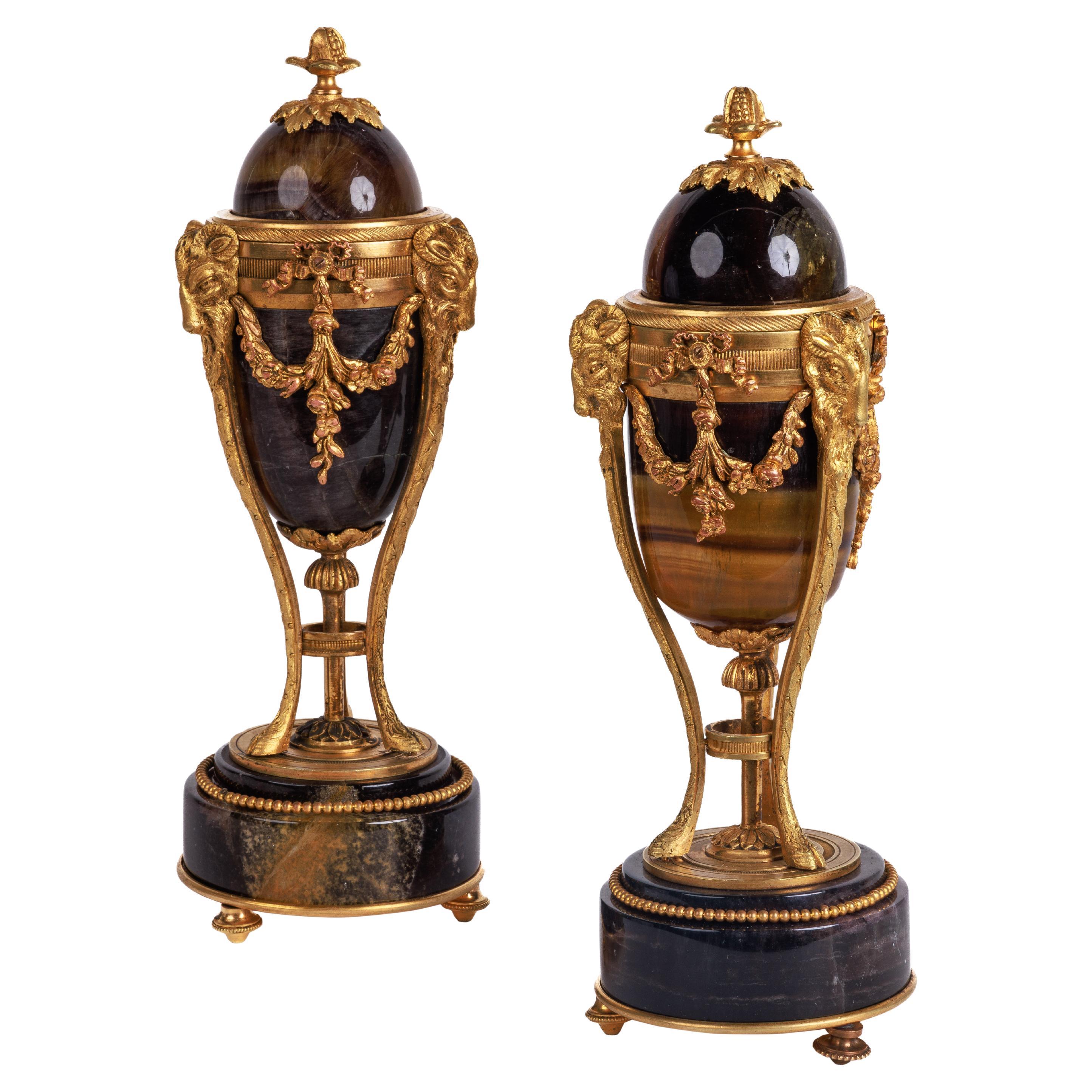 A Rare Pair of French Ormolu-Mounted Blue John Vases Candlesticks, C. 1870 For Sale