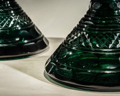A Rare pair Of Heavily Cut Emerald Green Decanters