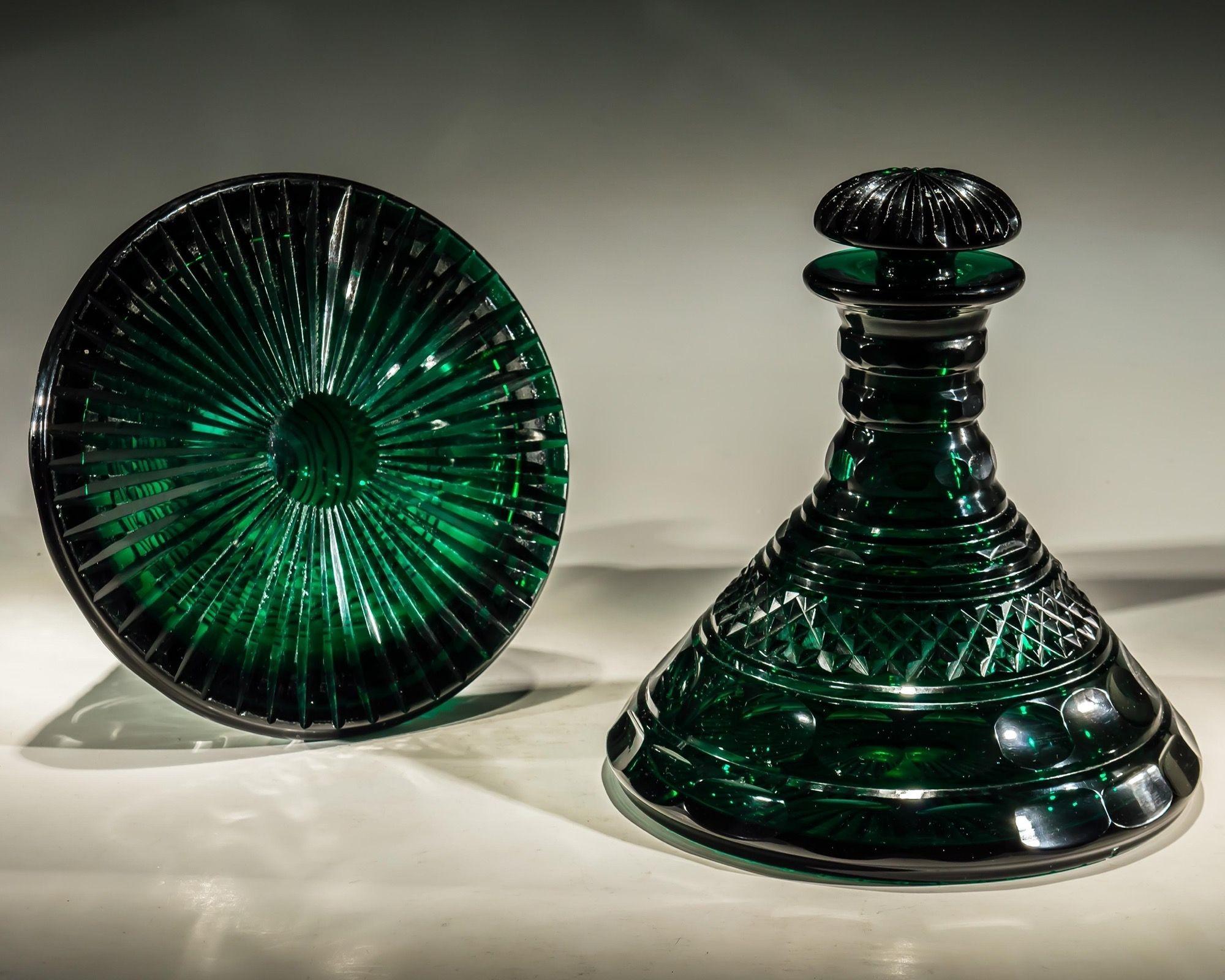 English A Rare pair Of Heavily Cut Emerald Green Decanters  For Sale