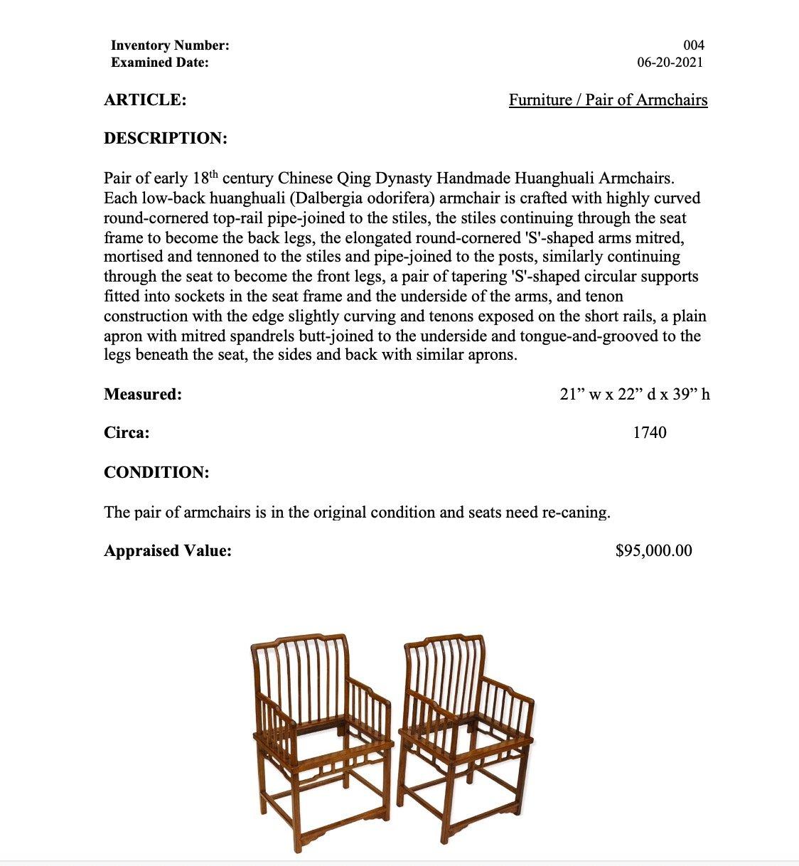 A Rare Pair of Huanghuali Armchairs For Sale 6