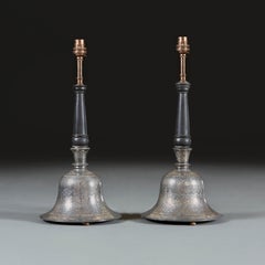 Rare Pair of Indian Bidri Hookah Bases, Now as Lamps