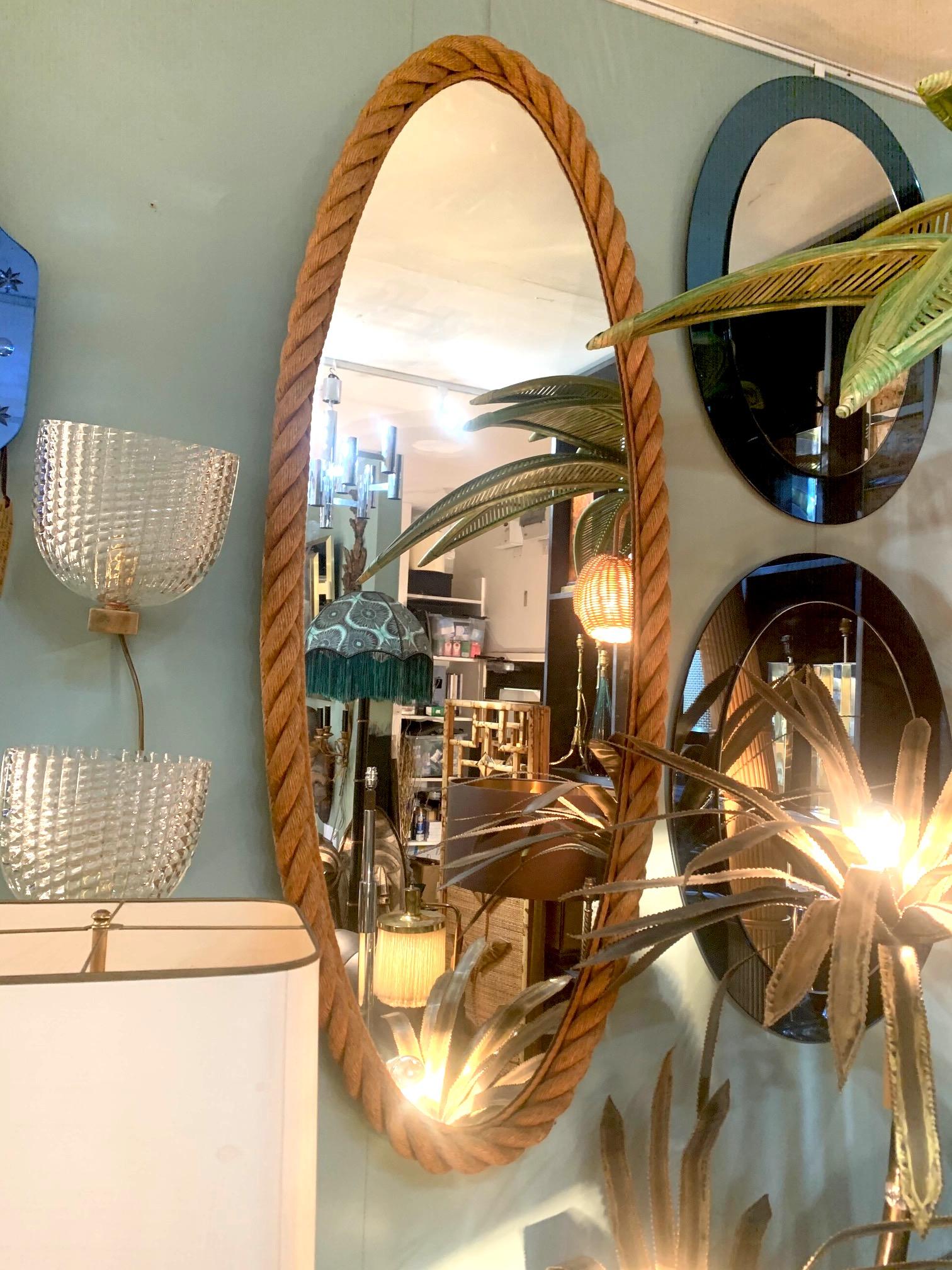 A Large 1950s French Riviera Oval Rope Mirrors by Audoux and Minet 6