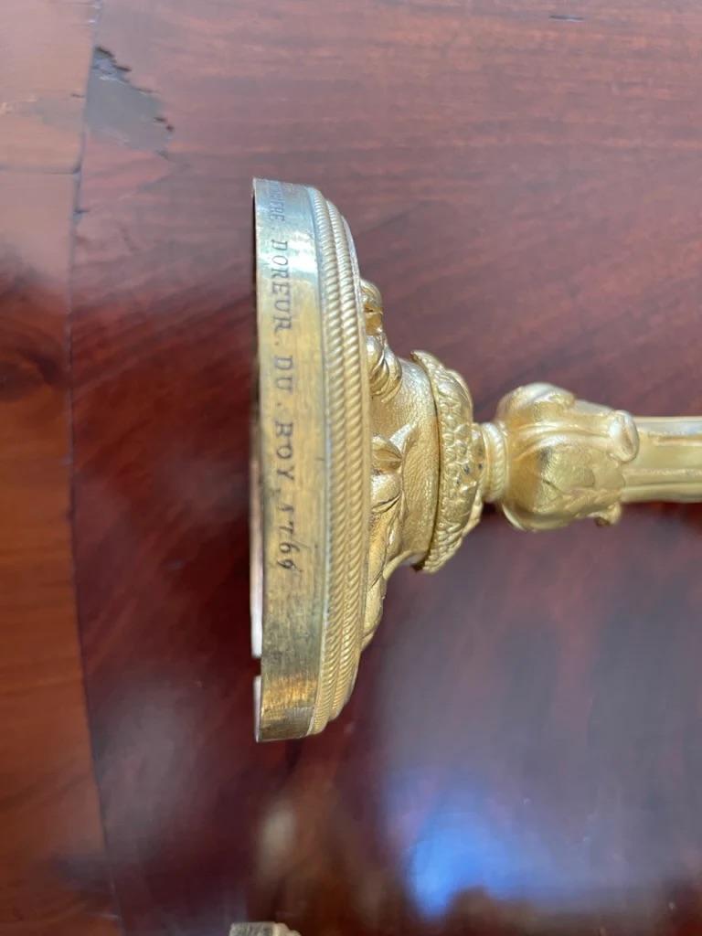 A rare pair of Louis XV gilt bronze candlesticks signed P. Gouthiere For Sale 4